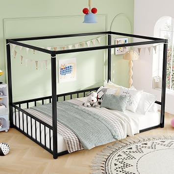 Floor House Bed Frame, Double Size 77.5x56.6 inches, Black Metal with Guardrails and Canopy Frame, Low Profile Platform Bed