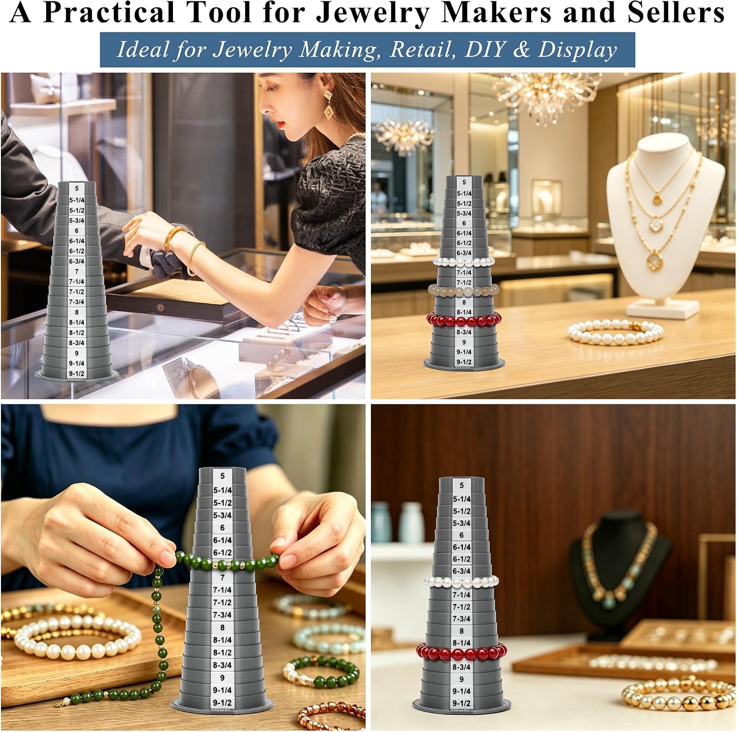 Bracelet Sizer, Stepped Bracelet Sizer Measuring Tool with Inch Markings 5-9.5 in,with Anti-Slip Base, Plastic Bracelet Mandrel with Measurements for Jewelry Making, DIY, Retail Display, Gray