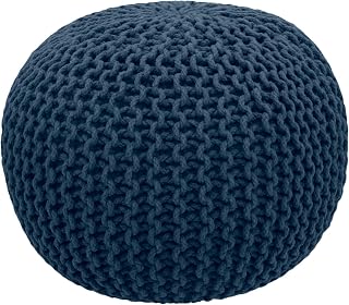 Cotton Craft Hand Knitted Cable Dori Pouf Ottoman Blue - 100% Cotton Braid Floor Seat 20" Dia x 14" H Handmade Comfort