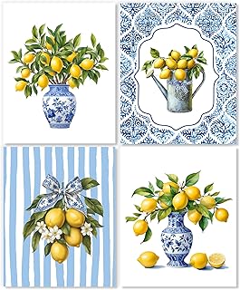 LUKIPOM Chinoiserie Lemon Wall Art Posters Set of 4, Grandmillennial Home Decor, Blue and White Floral Porcelain Lemon Tree Canvas Prints Artwork for Kitchen Wall Decor, 10x8 Unframed