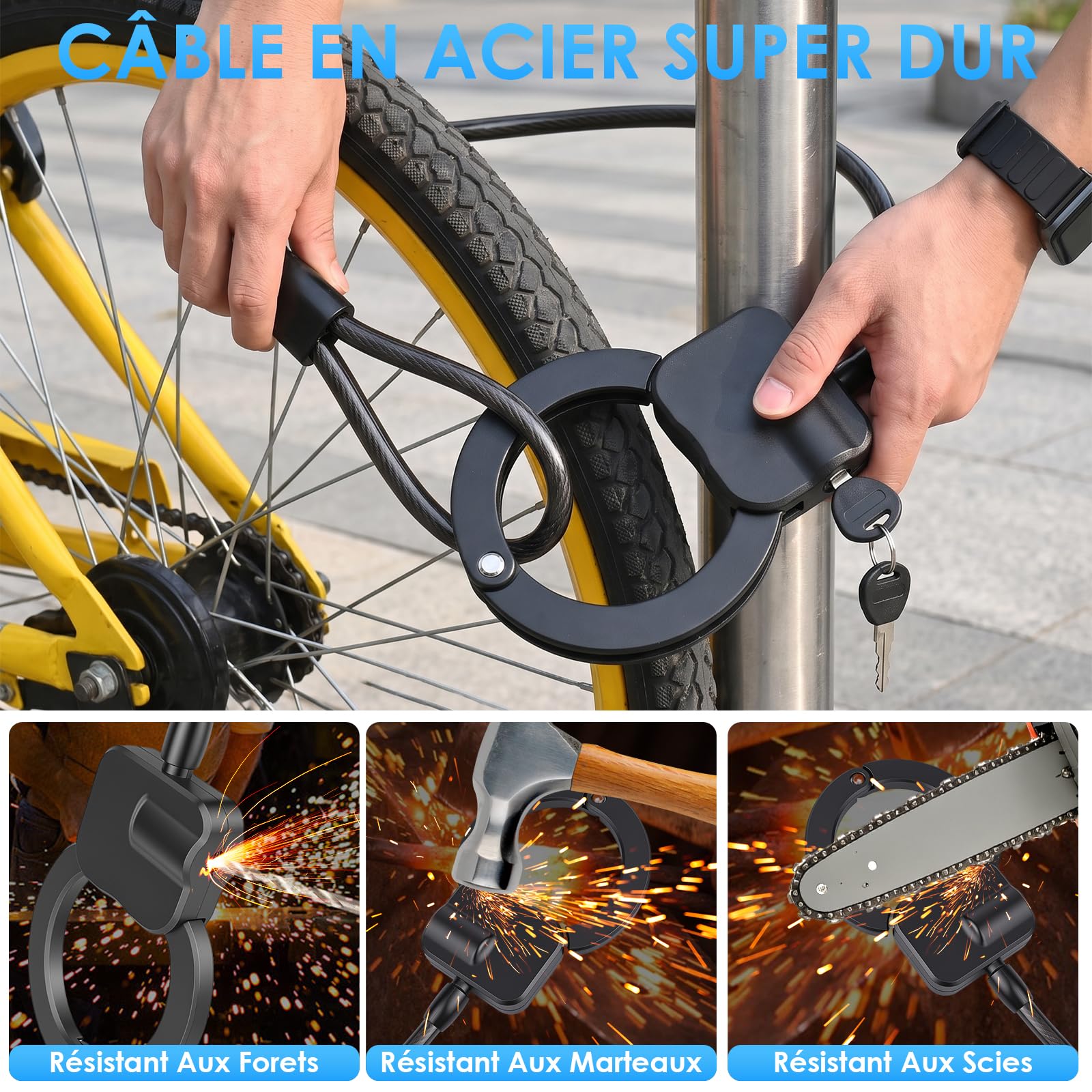 Antivol Trotinette Electrique, 1.2m Antivol Velo, Câble Antivol à Clef avec Menotte, Cadenas Trottinette Électrique pour Trottinettes, Vélos, Poussettes