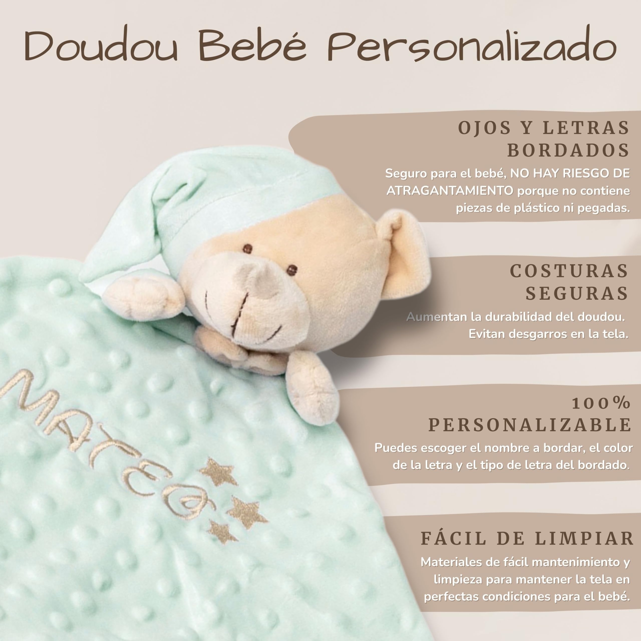 Balú Doudou Bebé Personalizado con Nombre Bordado | Oso Peluche Personalizado Bebe | Suave | Hipoalergénico | Dudu Recién Nacido Unisex | Regalo para Recién Nacido | 23cmx23cm | 4 Colores a Elegir