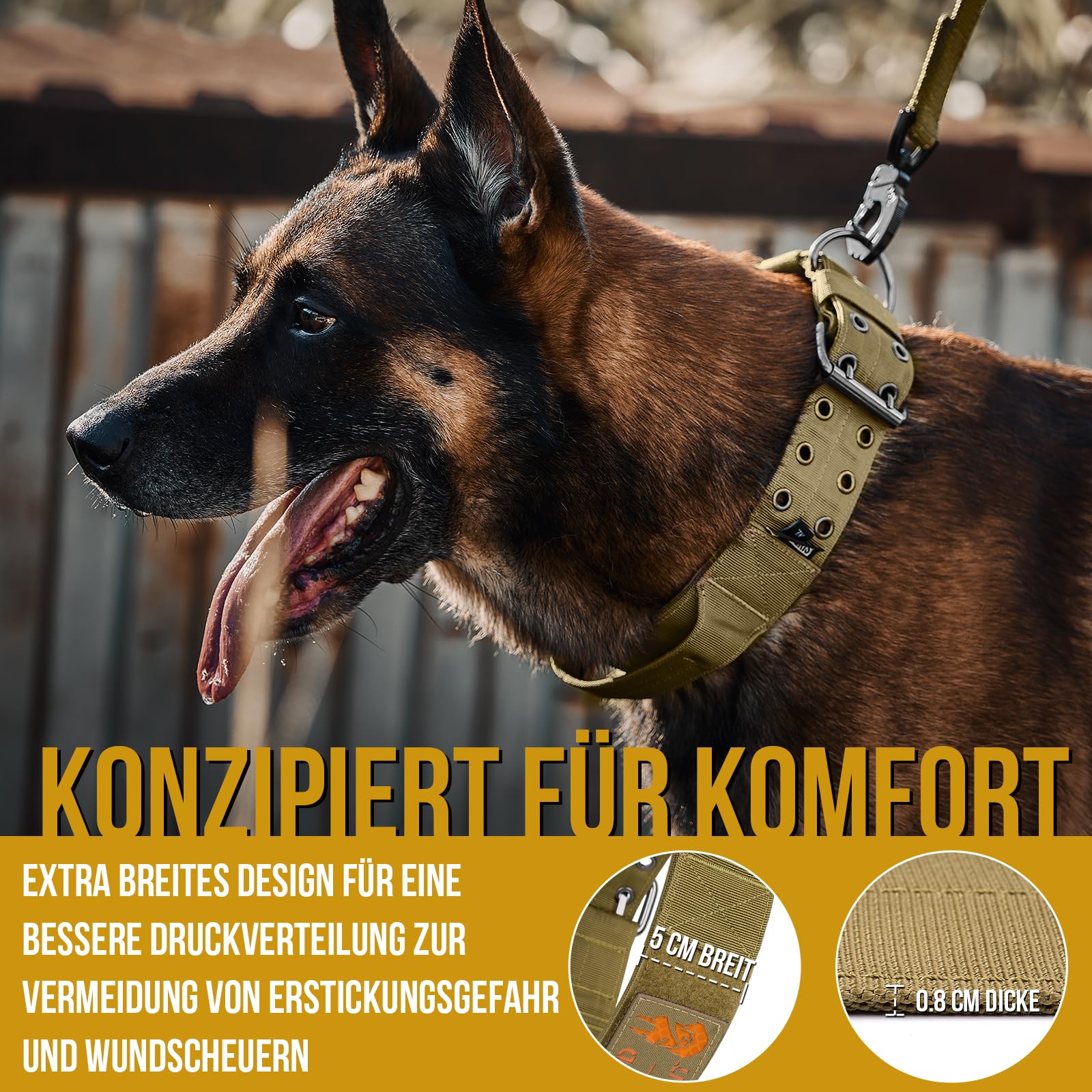 OneTigris Collier pour Chien de 5 cm de Large avec Poignée et Patch pour Grands Chiens - Marron - Taille L