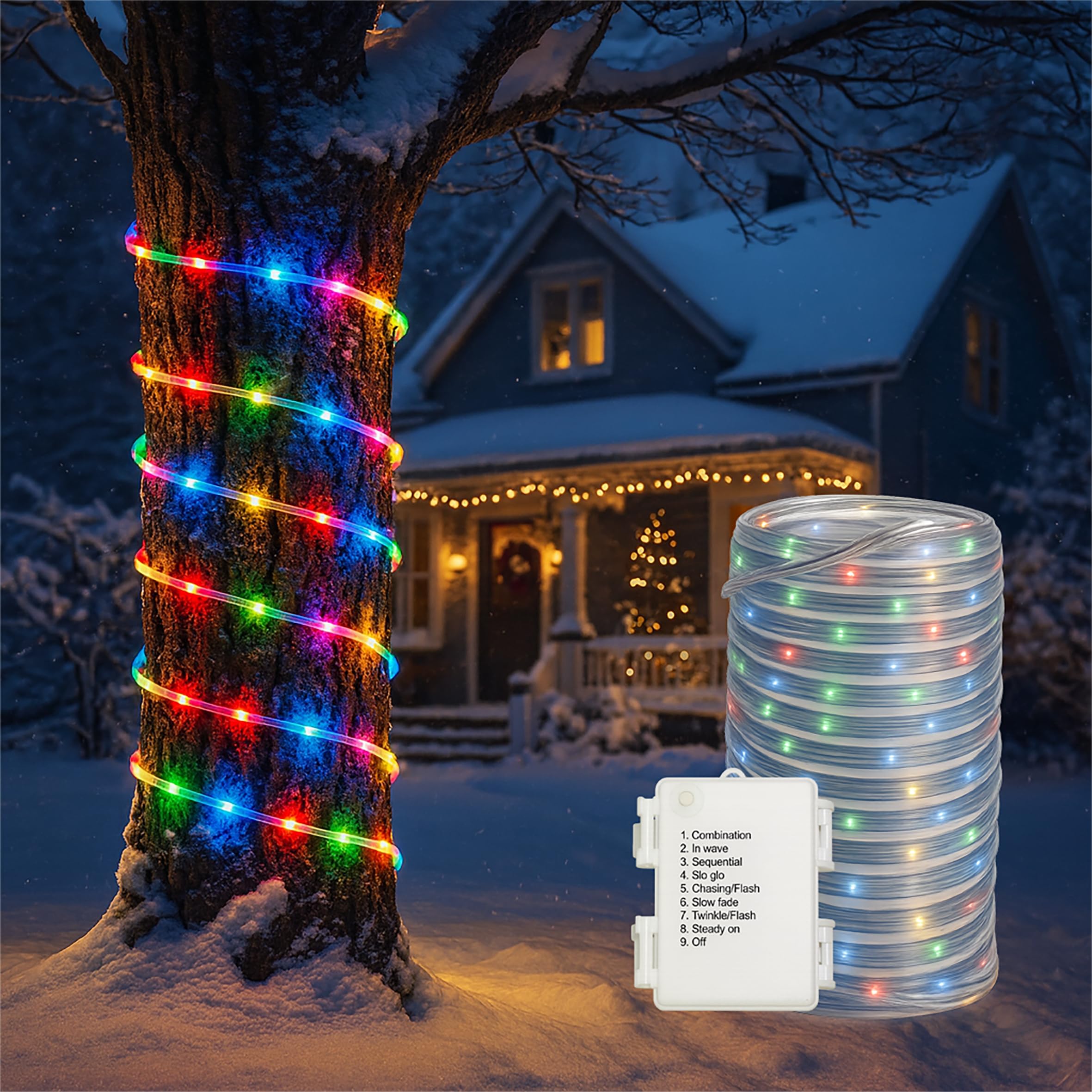  - Xmas Haus 10M Multi-Colour Festive Christmas Rope Light 100 Micro LedsBattery Operated8 Function ControllerOutdoor Use