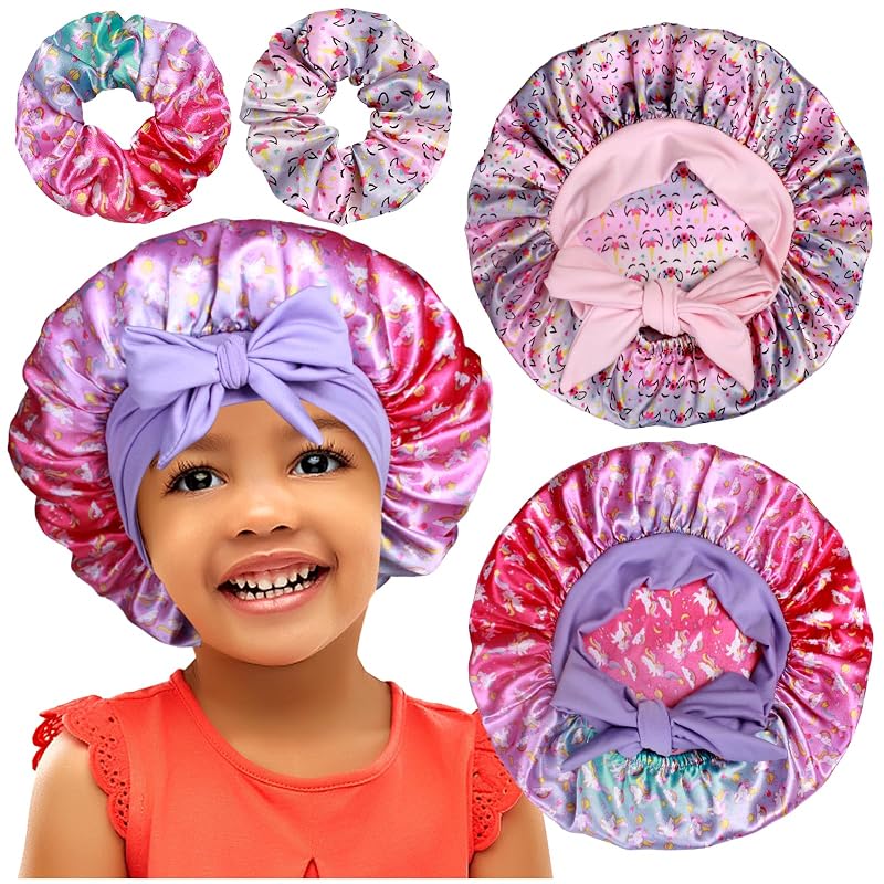 Toucas de cetim Heniho com laços para crianças e scrunchies, pacote com 2 toucas e 2 scrunchies