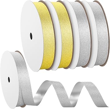 Fanfanwin 4 Rolls 50 Yards Homecoming Mum Gold Silver Glitter Diamond Dust Ribbon 0.71 Inches Glitter Plastic Gift Craft Wrapping Ribbon for DIY Homecoming Chrysanthemum Party Decor
