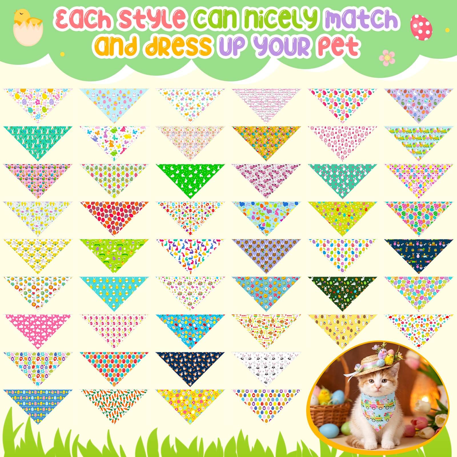 Cuffbow Lot de 200 bandanas de Pâques pour chien en vrac avec dictons - Écharpe triangulaire - Costume pour animal domestique - Tenue réglable - Lavable - Pour animaux de compagnie de petite et