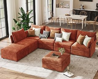 ABCASA 134.6" Oversized Modular Sectional Sofa, Large 7 Seater L Shaped Couch with Storage Ottoman with Reversible Chaise Deep Seat for Living Room, Apartment- Terracotta Orange Chenille