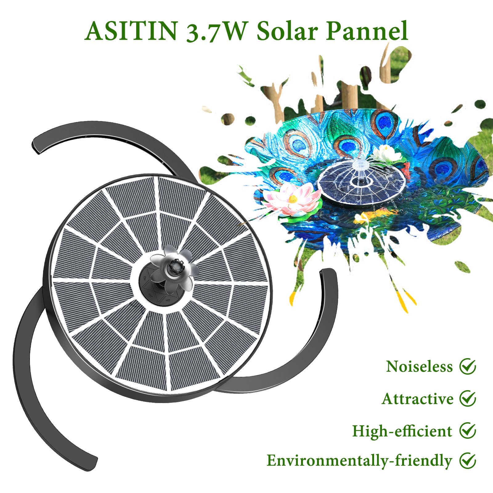 AISITIN Zewnętrzna solarna fontanna wodna 3,7 W, ulepszona solarna pompa do stawu z 3 utrwalaczami i 4 dyszami, pływająca pompa fontannowa do ogrodu, kąpieli dla ptaków, stawu