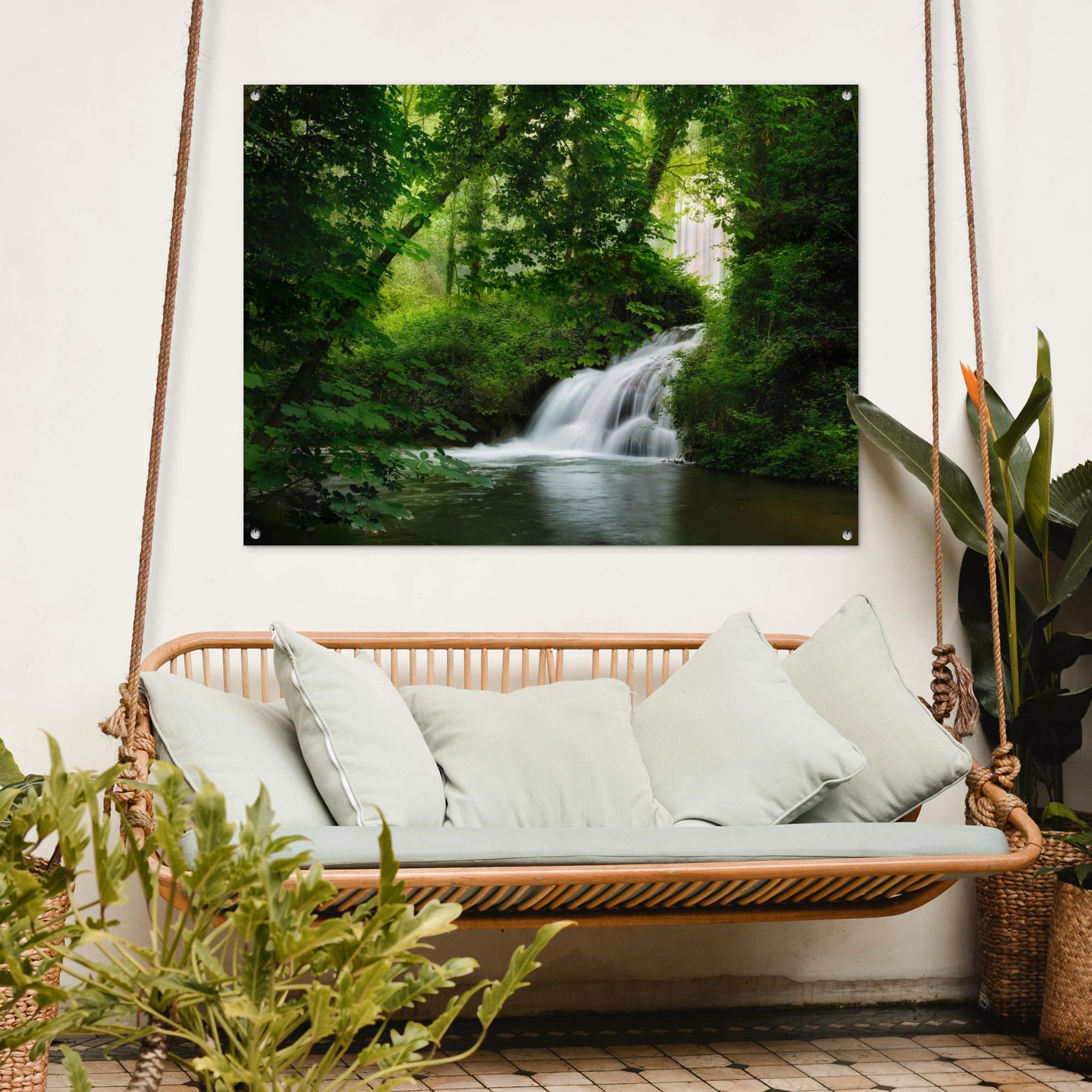 MuchoWow© Póster De Jardín Terraza Exterior Accesorios Jardin Decoracion | 120x90 cm - Pared Decorativa Balcon Wall Decoration Posters Decorativos Cascada - Naturaleza - Verde