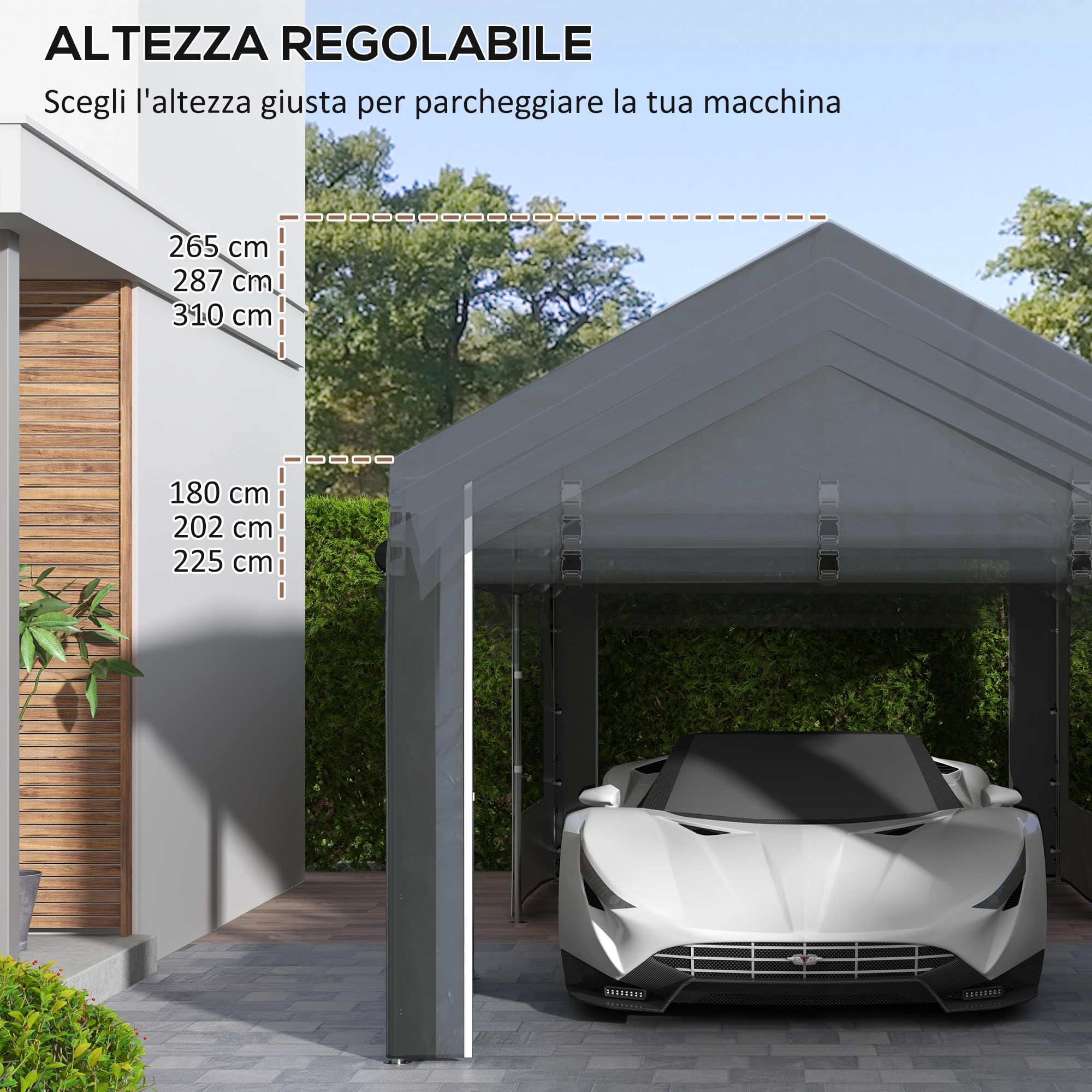 Outsunny Gazebo da Giardino 6x3m Grigio Scuro con Altezza Regolabile Carport Auto 4 Porte 4 Finestre
