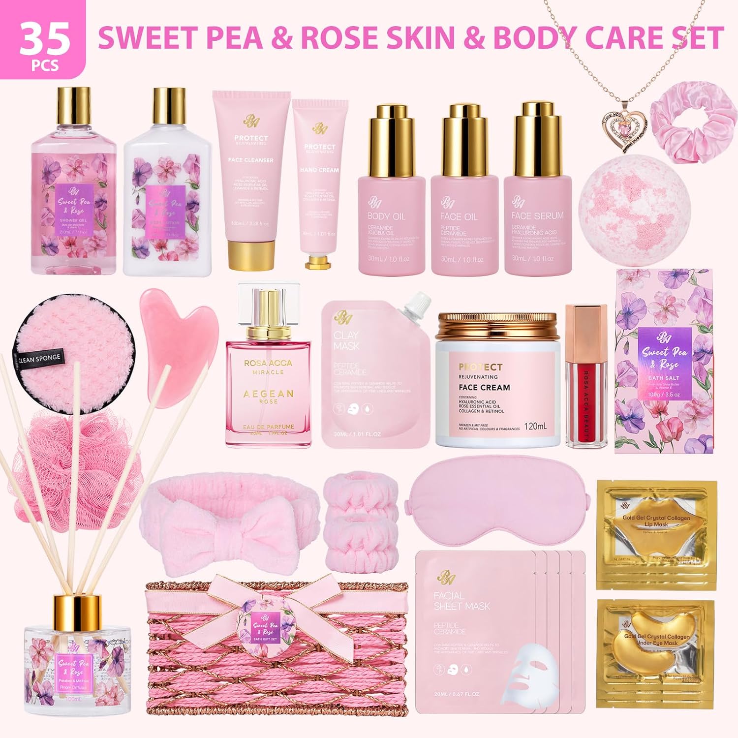 35 Pcs Valentines Day Gifts Basket for Women, Rose Bath and Body Gift, Facial Skin Care Set, Self Care Pampering Kit, Face Sheet Mask, Home Spa, Perfume, Birthday, Mother Day, Bridal Shower - Image 3
