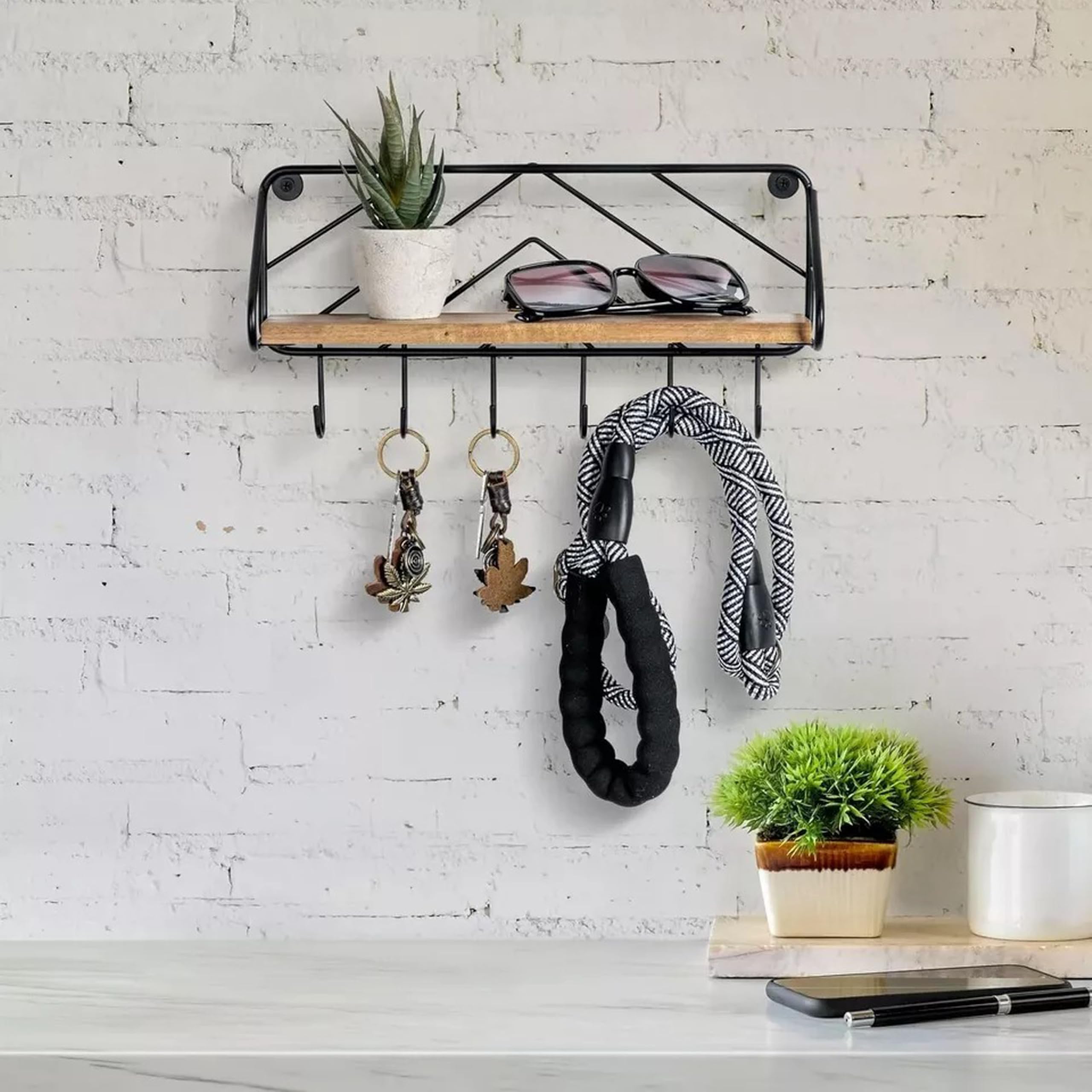 Hamdan Rustic Wood Wall Shelves Display Shelf Storage Rack with Towel Bar & 6 Hooks for Bathroom Kitchen Bedroom -Natural Black (B0DD45LFNP) Amazon Price History, Amazon Price Tracker