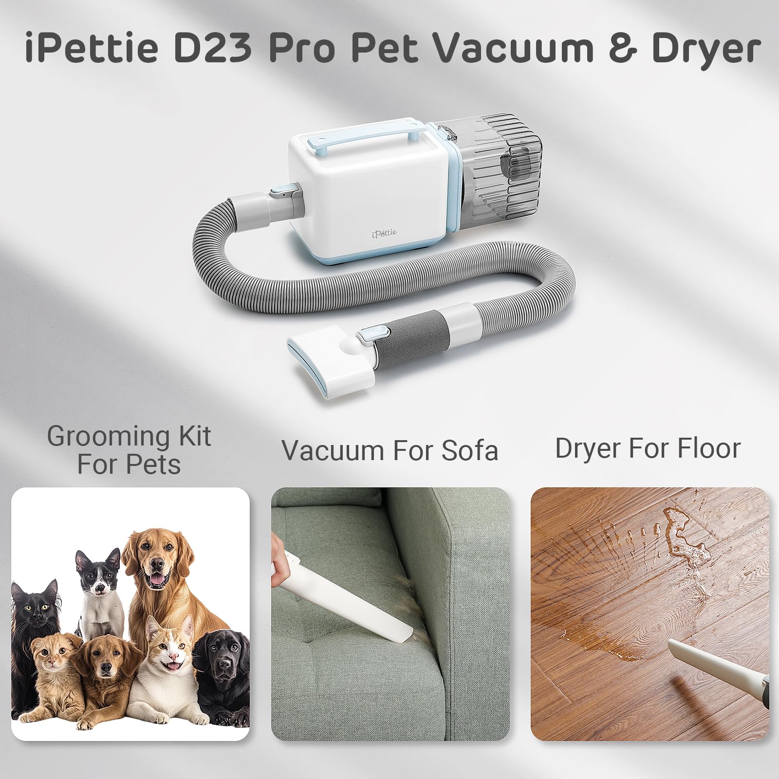 iPettie D23 Pro Pet Grooming Kit für Hunde - Vakuum Hundebürste und Hundetrimmer Vakuum — 35.0 °C-60.0 °C Einstellbare Temperatur, Einstellbare Windgeschwindigkeit, 23000PA Saugkraft für alle