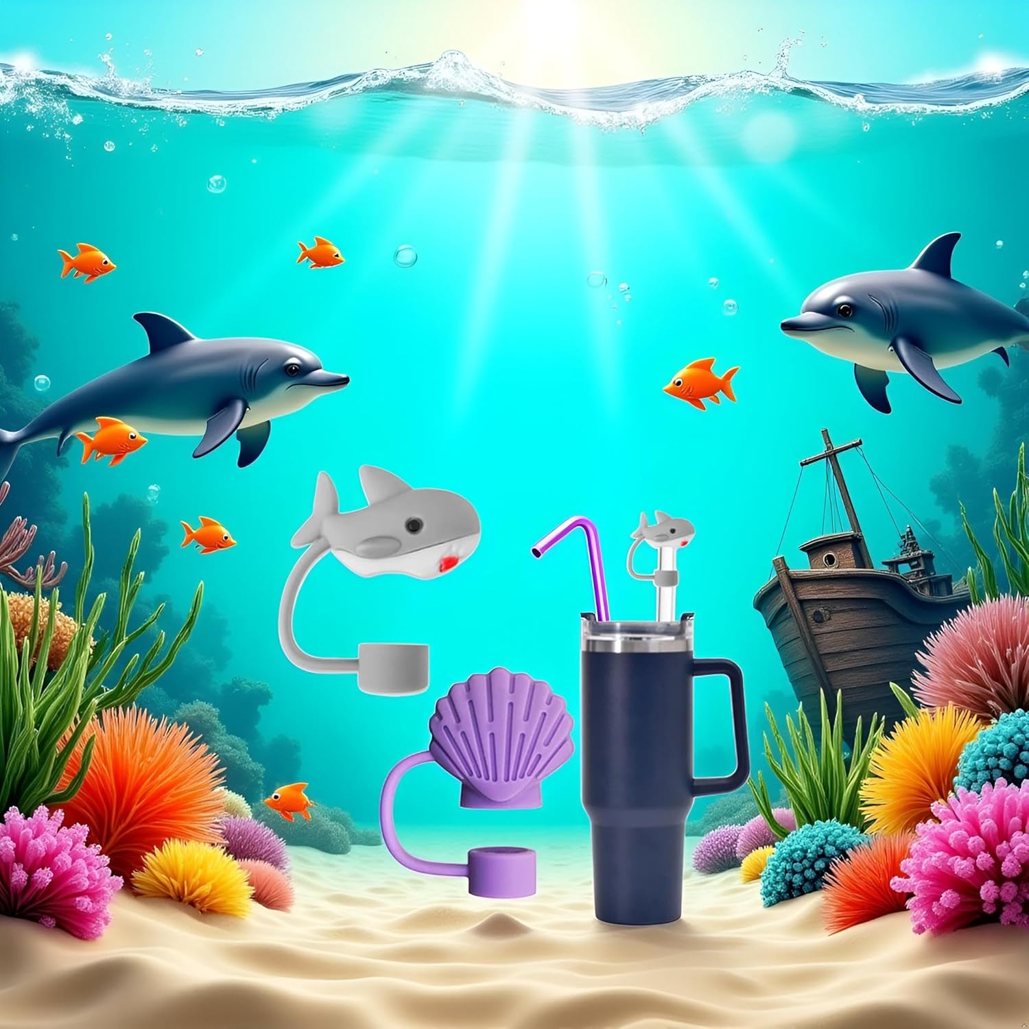 Sharks and shells Straw Cover for Stanley 40&30 Oz Cup, 10mm Silicone Straw Covers Cap for Stanley Cup Accessories, Cute Topper for Tumblers, Cap Stopper for Reusable Straws - Image 3