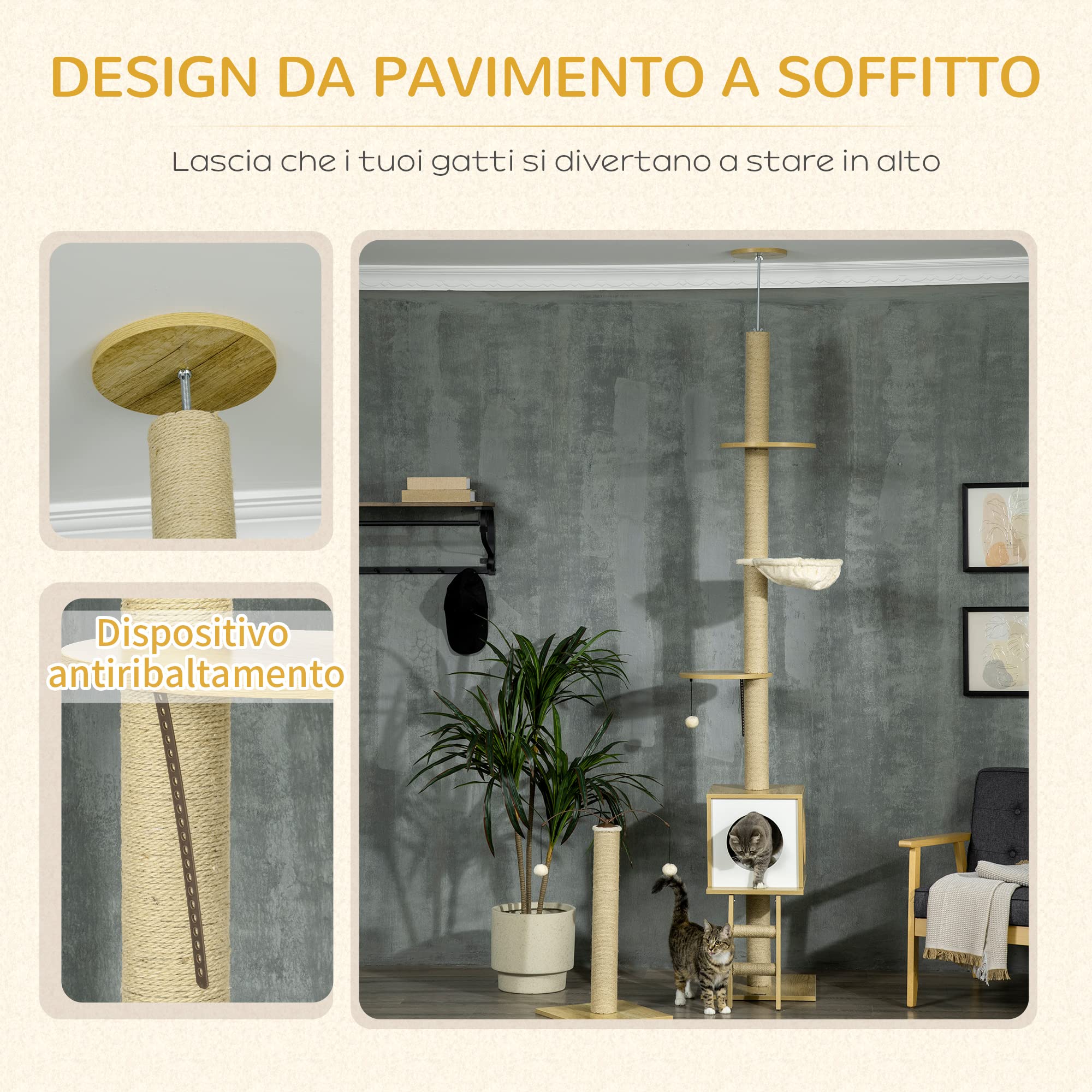 PawHut Set 2 Pezzi Albero per Gatti Altezza Regolabile 40x40x225-285 cm | in Truciolato, Tiragraffi per Gatti, Casetta, Amaca, Pallina da Gioco