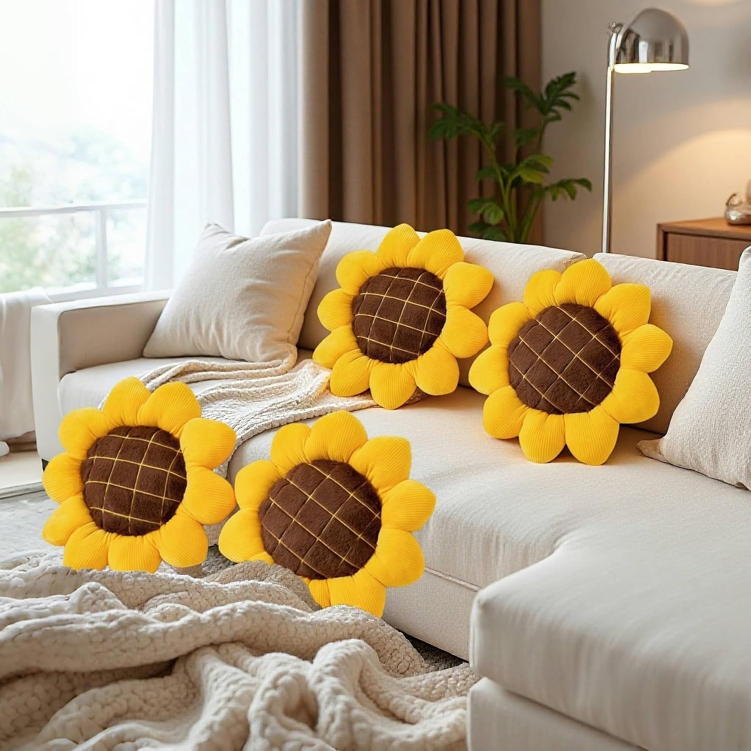 2 Pcs Sunflower Throw Pillow for Home Decor, Yellow Sunflower Shaped Pillows Flower Floor Seating Cushions Chair Pads for Bed Car Couch Office (15 Inch)