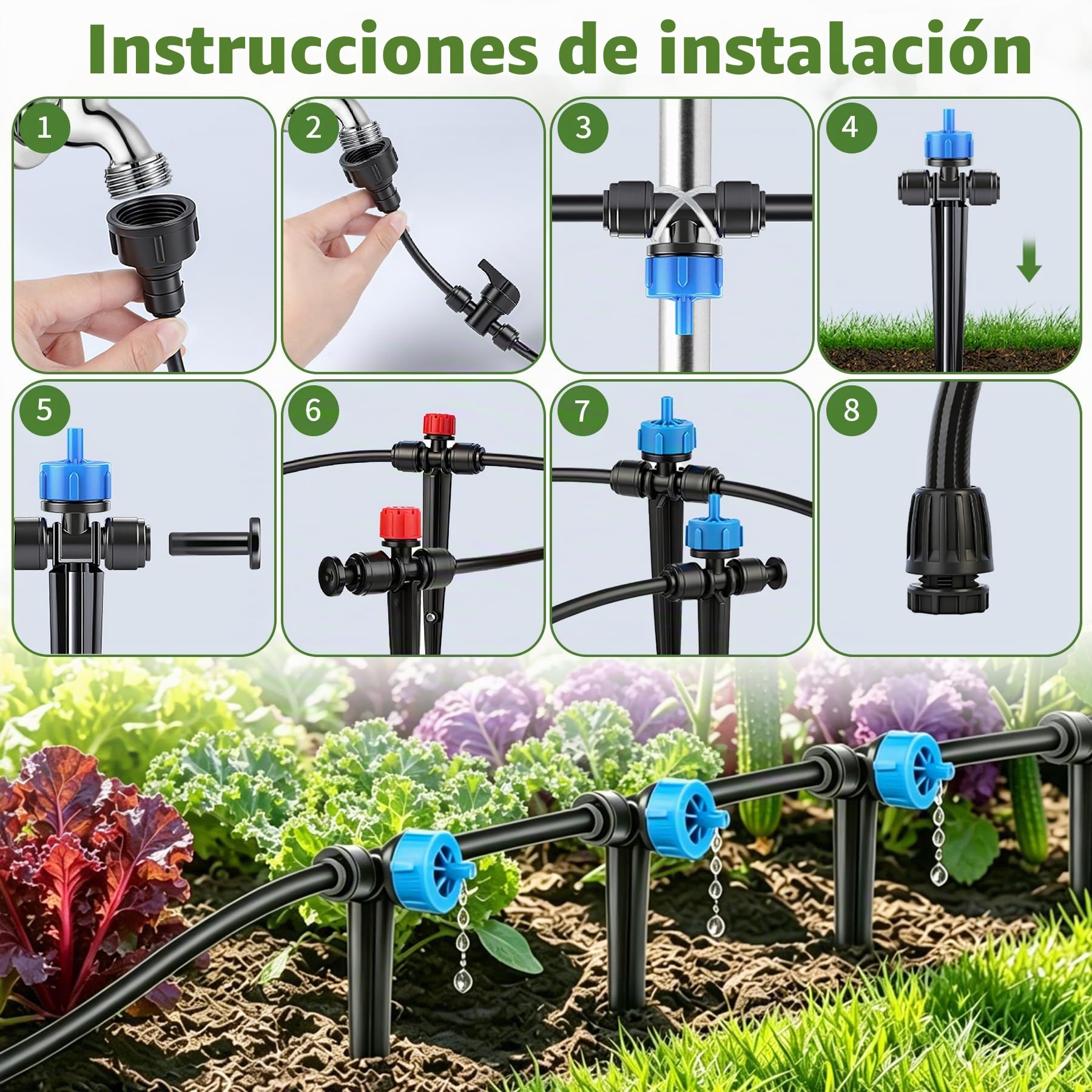 Kit de Riego por Goteo 101 Piezas con Compensación de Presión, Tubos 15m PVC+PE+PP, 4 Modos, para Jardín Huerto Serre