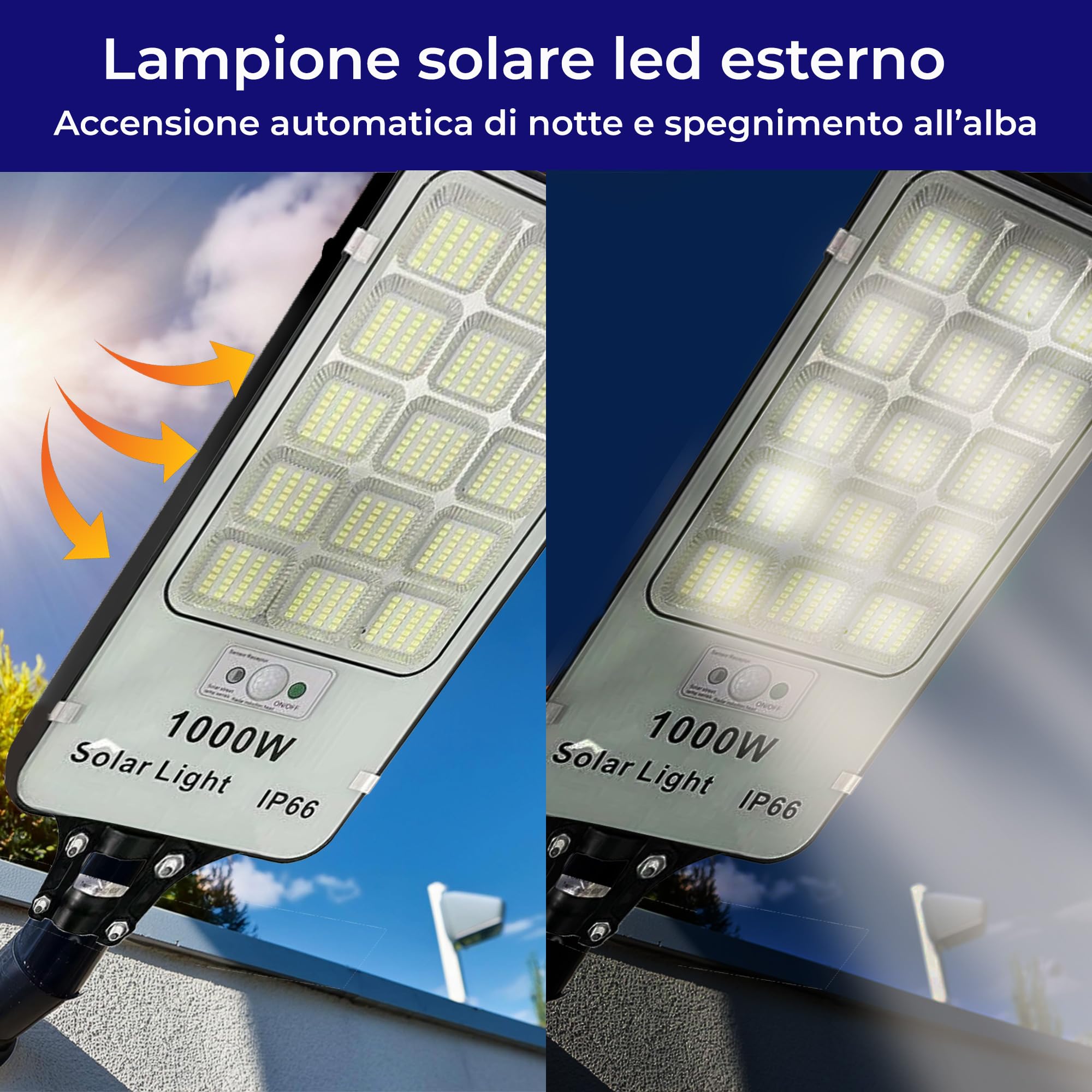 Lampione Solare LED Esterno 1000W con Sensore Crepuscolare e di Movimento, 420 LED 6500K, Telecomando Incluso, Impermeabile IP66, Luce Ultra Luminosa per Giardino, Cortile, Parcheggio