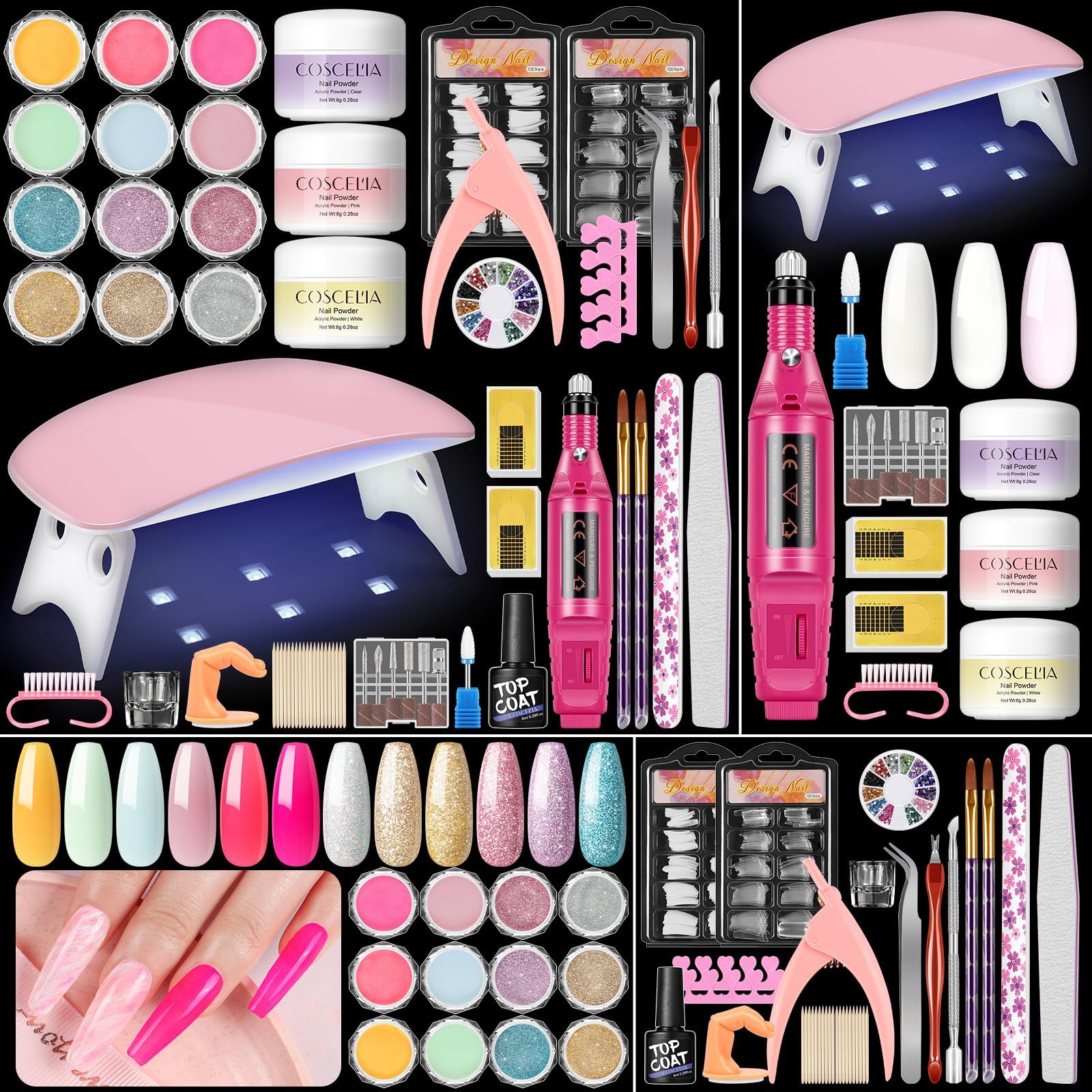 Acrylic Nail Kit for Beginners with Everything Professional Nails Kit Acrylic Set with Drill and U V Light Glitter Powder Decorations Rhinstones DIY Gifts for Women