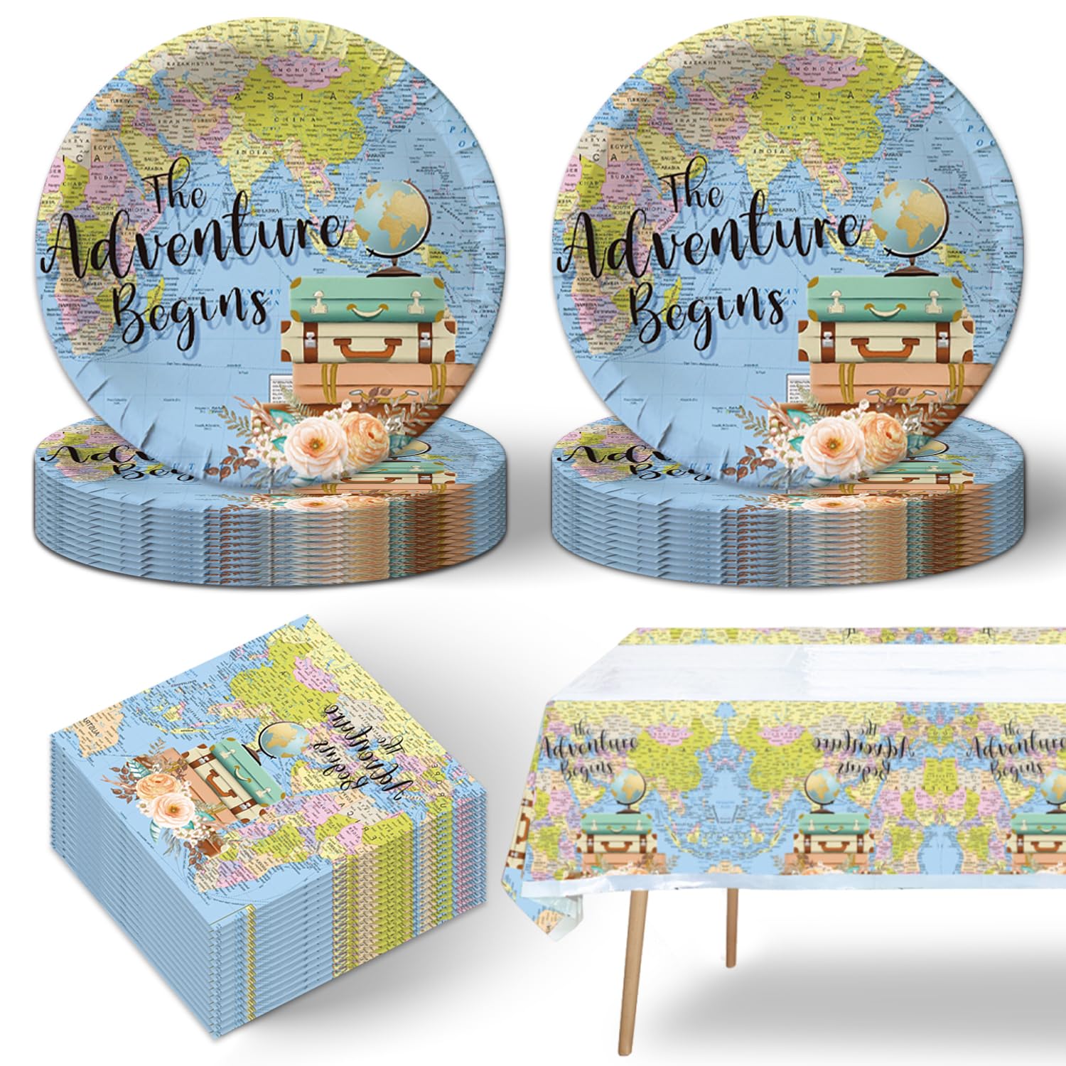 41pcs Adventure World Awaits Map Party Supplies ,include 20 Dessert Plates, 20 Napkin and 1pcs Tablecloth, Adventure World Awaits Map Party Set Used for The Adventure Begin Birthday Party Decoration