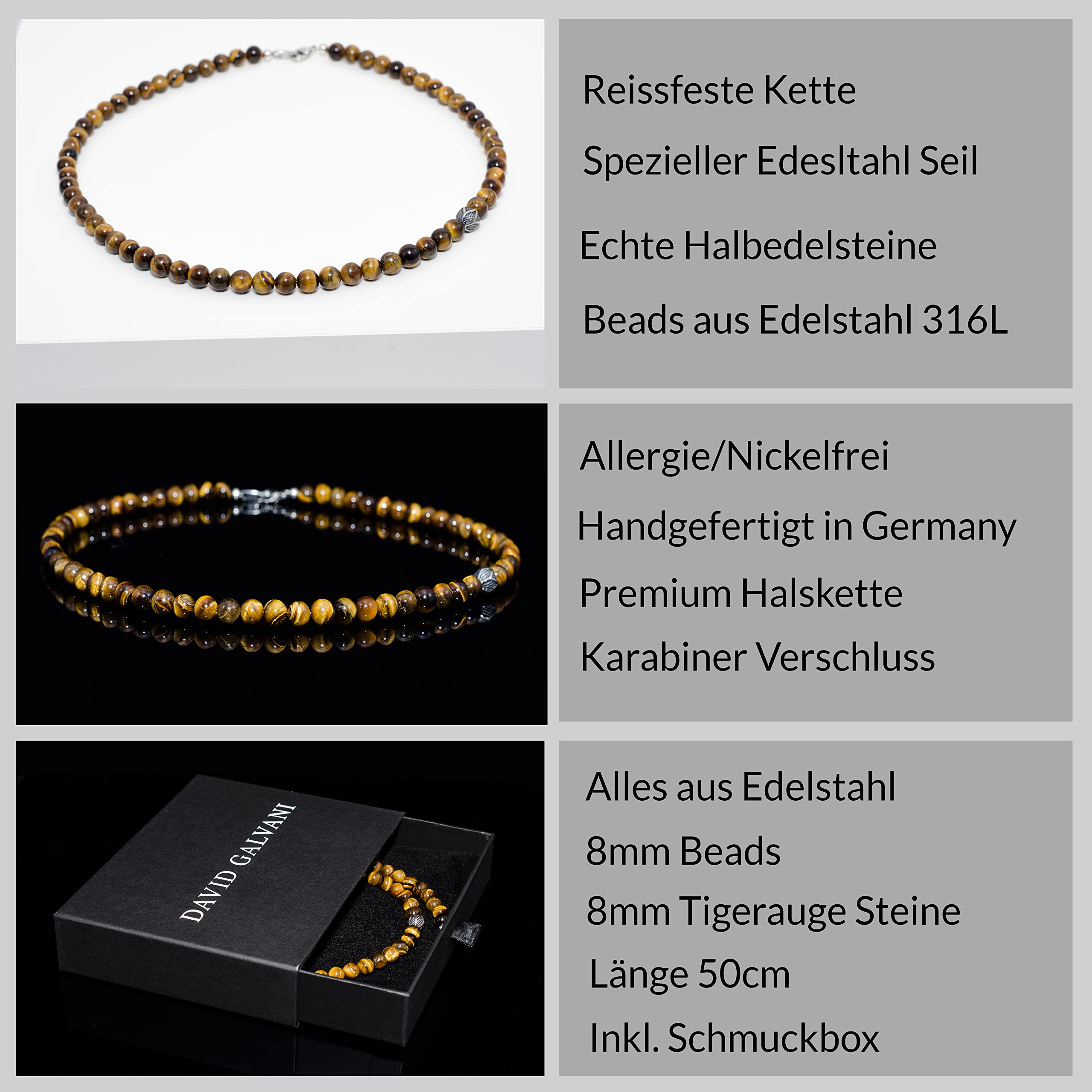 Herren Kette Perlenkette Onyx Tigerauge