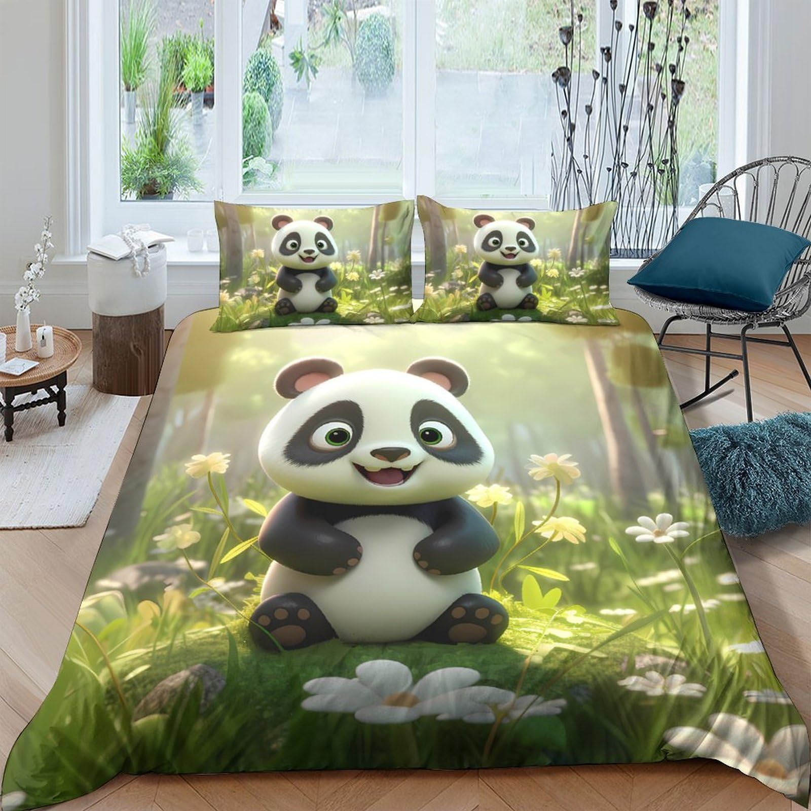 Ctjqhvkz Style-3 3D Printed Cartoon Panda Fitted Sheet Microfiber Soft Breathable Forest Flowers Bed Cover For Bedroom Guest Room Decor Single（135X200cm）
