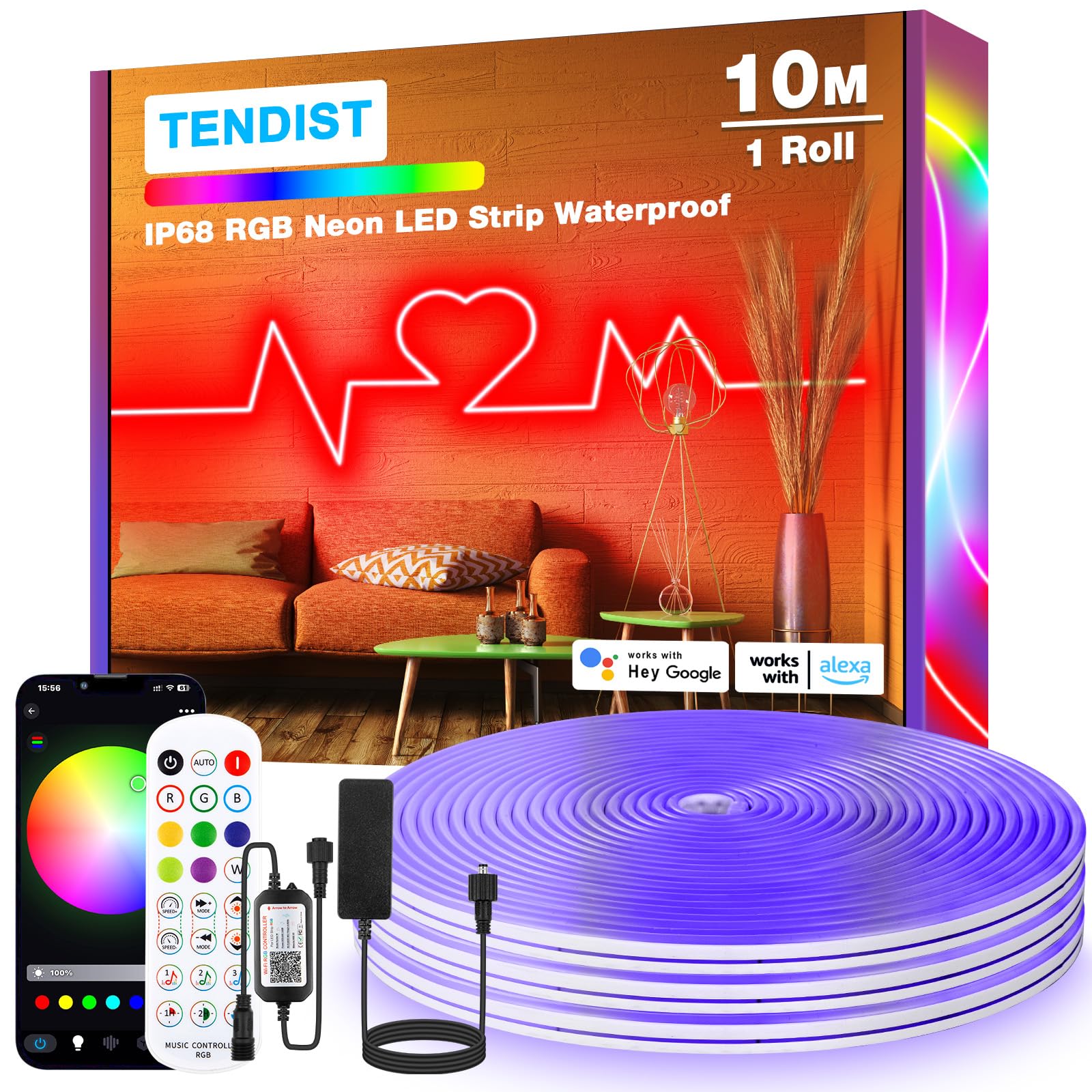 10M RGB Neon LED Strip for Outdoor, IP68 Waterproof WiFi Flexible Neon LED Strip Compatible with Alexa, 24V DIY Music Sync Lamp for Bedroom, Party, Patio, Outdoor Decoration