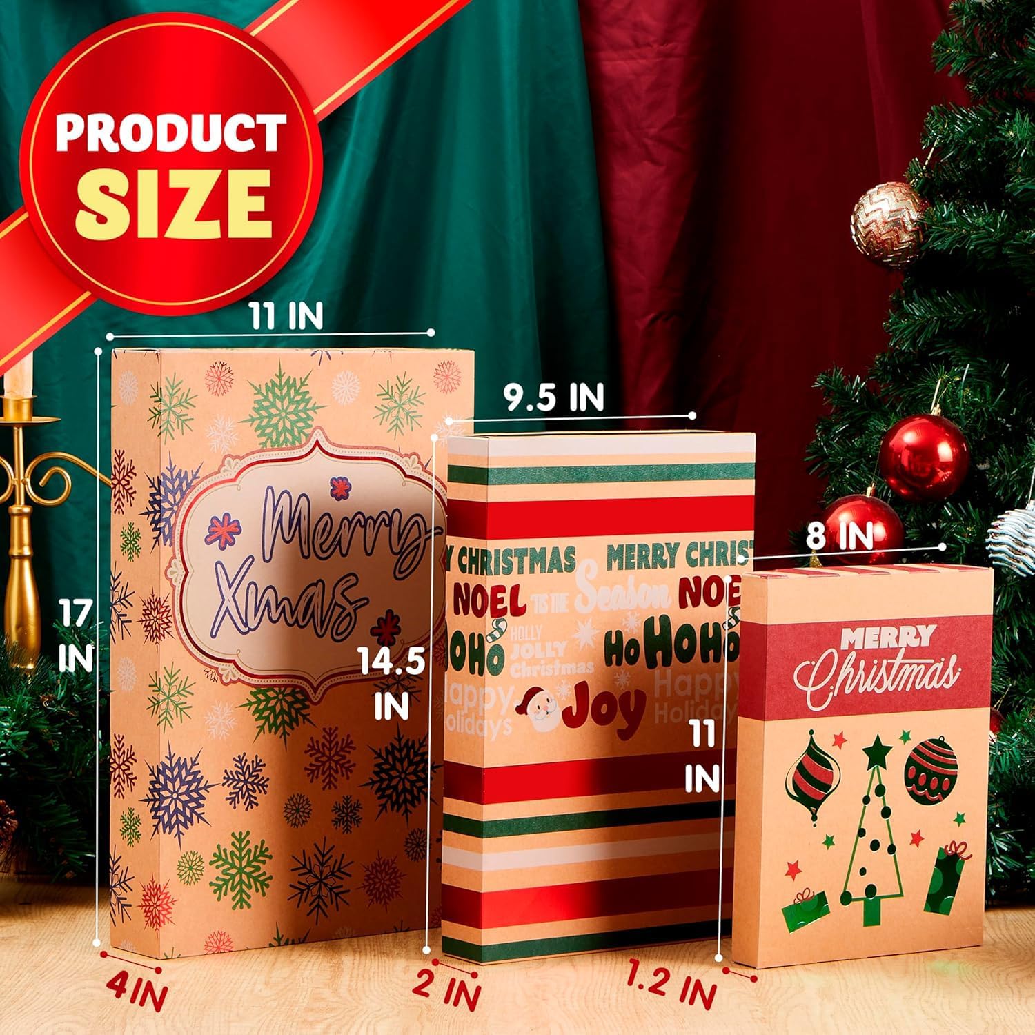 JOYIN 12 Pcs 17" Christmas Large Gift Boxes for Presents, 4" Deep 3 Assorted Sizes Shirt Robe Wrap Boxes with Lids for Xmas Holiday Birthday Party Favors Decorations Gift-Giving, 12 Designs
