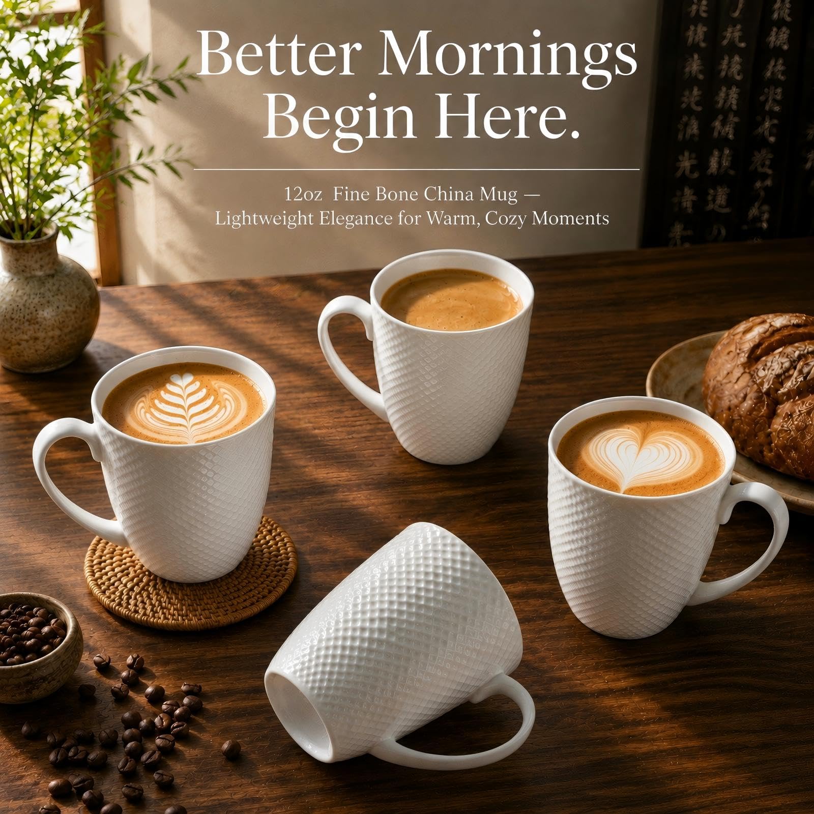 Juego de 4 tazas de café de 12 onzas, tazas de porcelana fina, tazas de café blancas de lujo, tazas de café de porcelana con textura de alivio de rombos, taza de té, para café, té, cacao