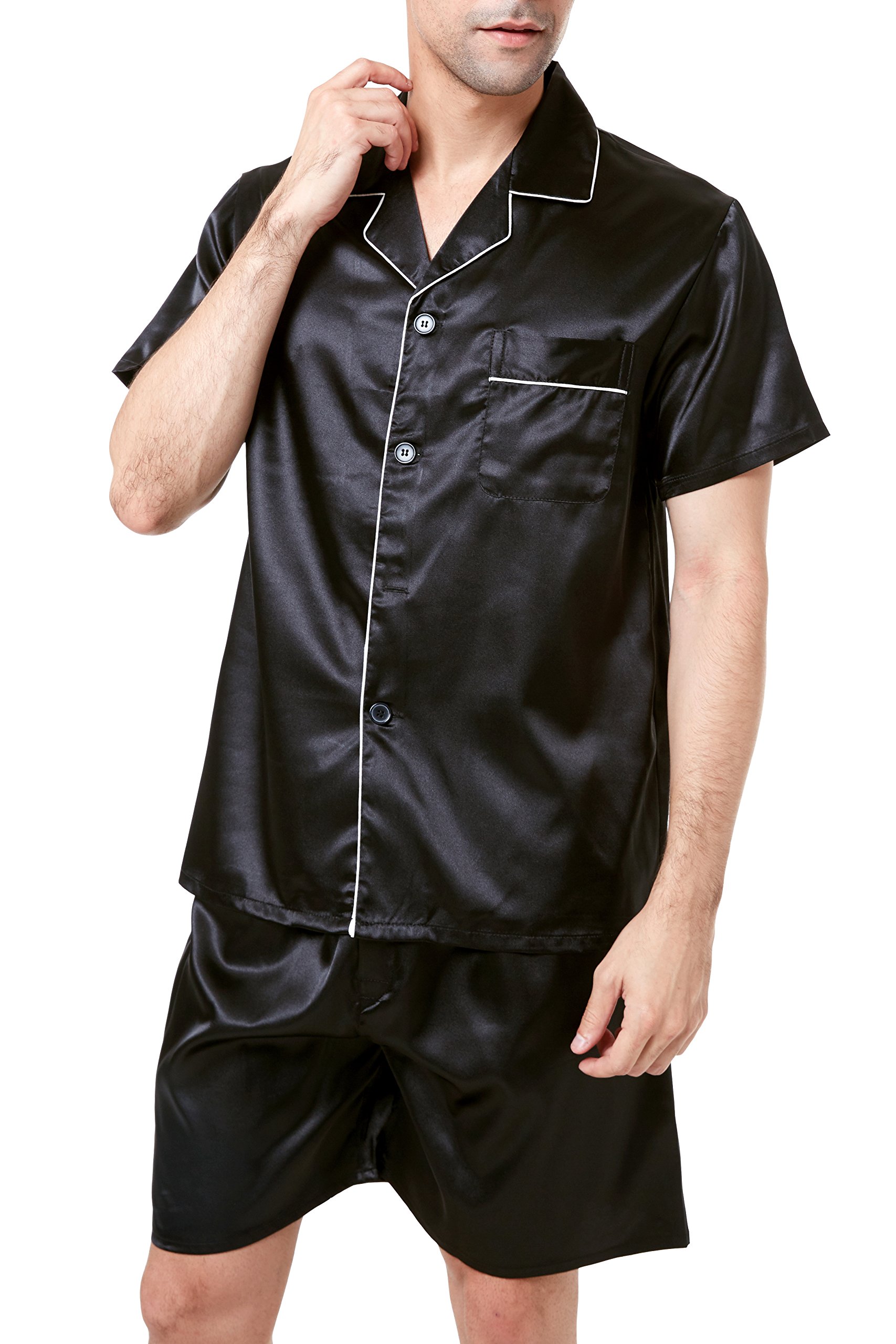 Conjunto de pijama de satén de manga corta para hombre con pantalones cortos