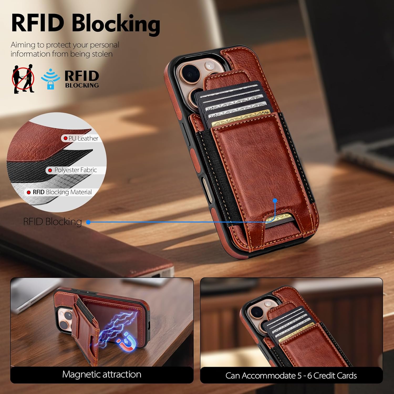 Compatible with iPhone 16 Pro Wallet Case with Card Holder,Women Men Phone Case PU Leather RFID Blocking Shockproof Magnetic Flip Cover Credit Card Slots Kickstand,for Apple 16 Pro,Brown - Image 2