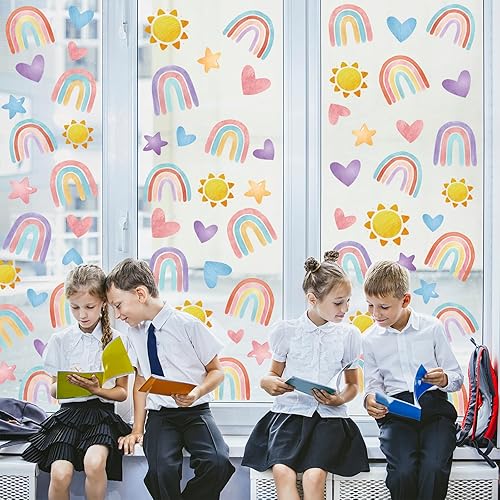 Miniatura 6 de AnyDesign 9 hojas de calcomanías bohemias de arco iris para ventana, acuarela, arco iris, corazón, sol, estrella, calcomanías decorativas para