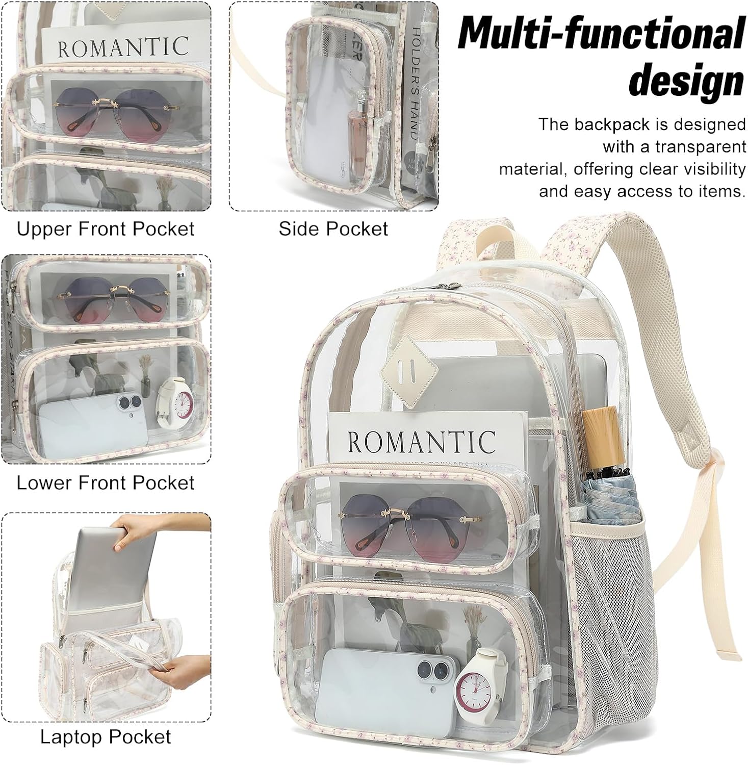 Clear Backpack for School, Girls Boys Transparent Bookbag Women See Through Backpack for Travel Security College Concert (Corduroy Floral Purple) image 4