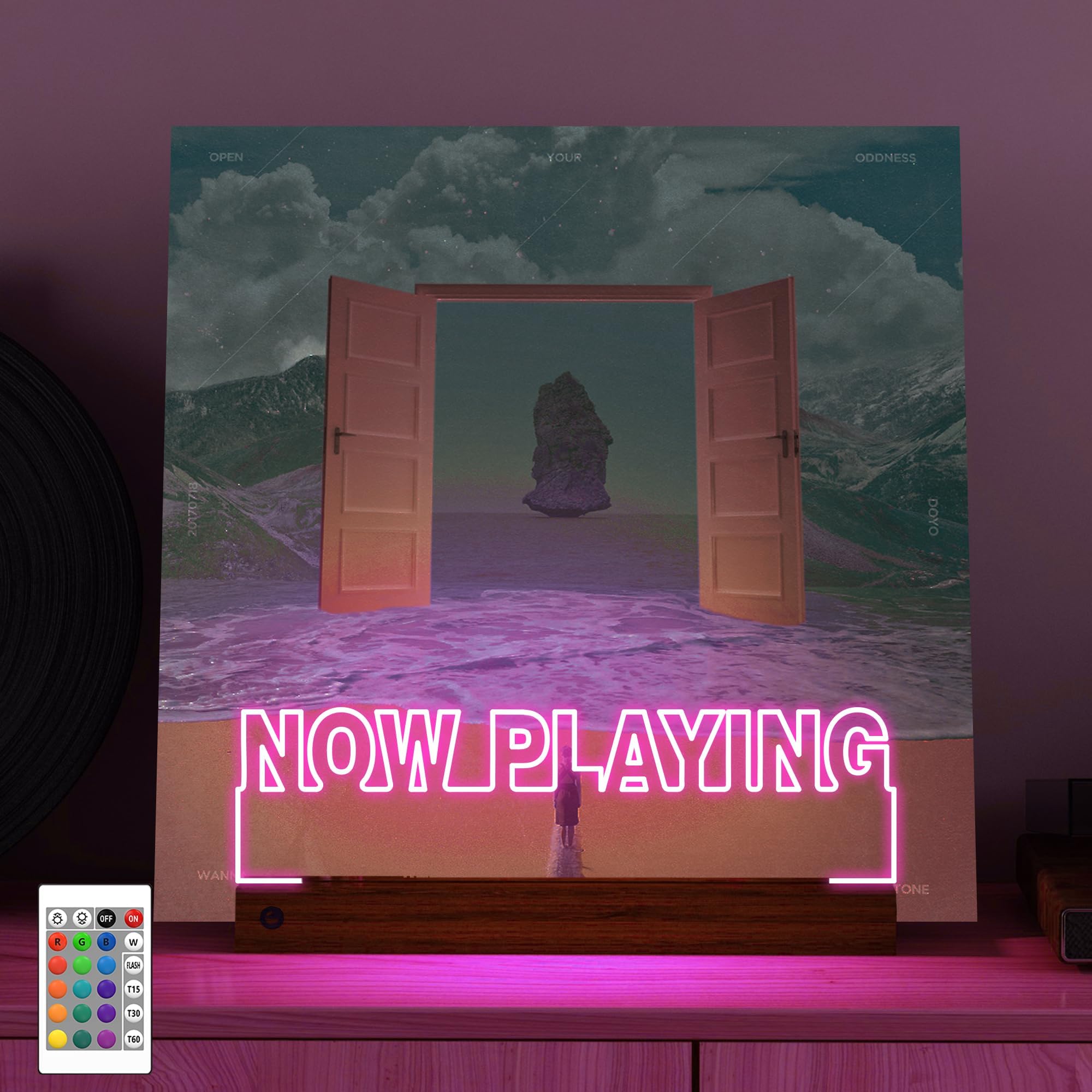YuanDian Now Playing Vinyl Record Stand, Wooden Acrylic Holder for Vinyl Album Display with 16-Color Remote, Dimmable & Timer, Unique Gift for Vinyl Record Lovers Music Enthusiasts