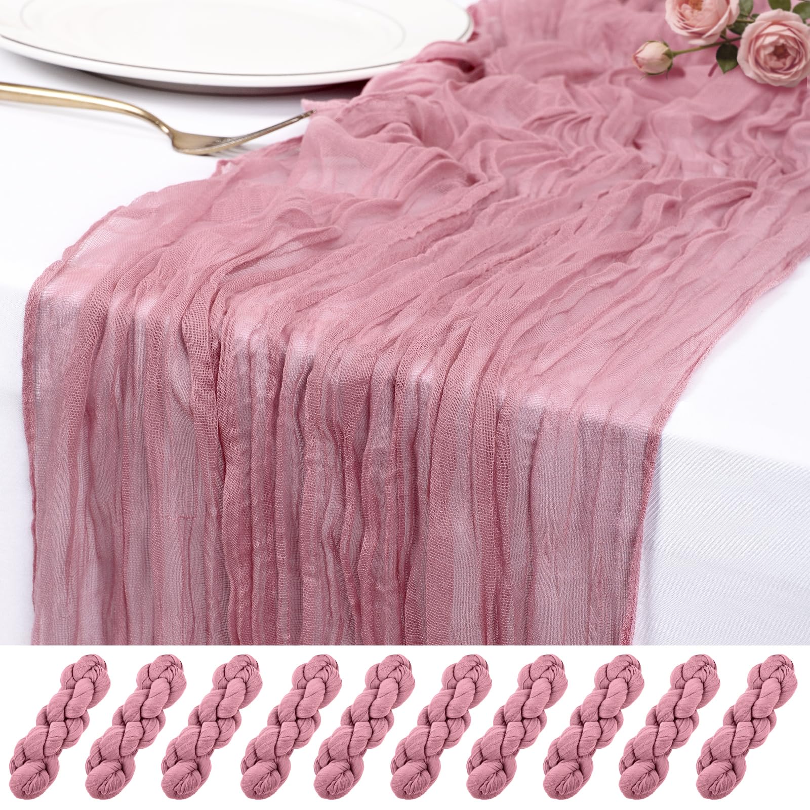 Photo 1 of 10 Pack Dusty Rose Cheesecloth Table Runner 17x108 Inch Semi Sheer Boho Rustic Gauze Cheese Cloth Table Runners for Wedding Party Birthday Baby Shower Home Décor