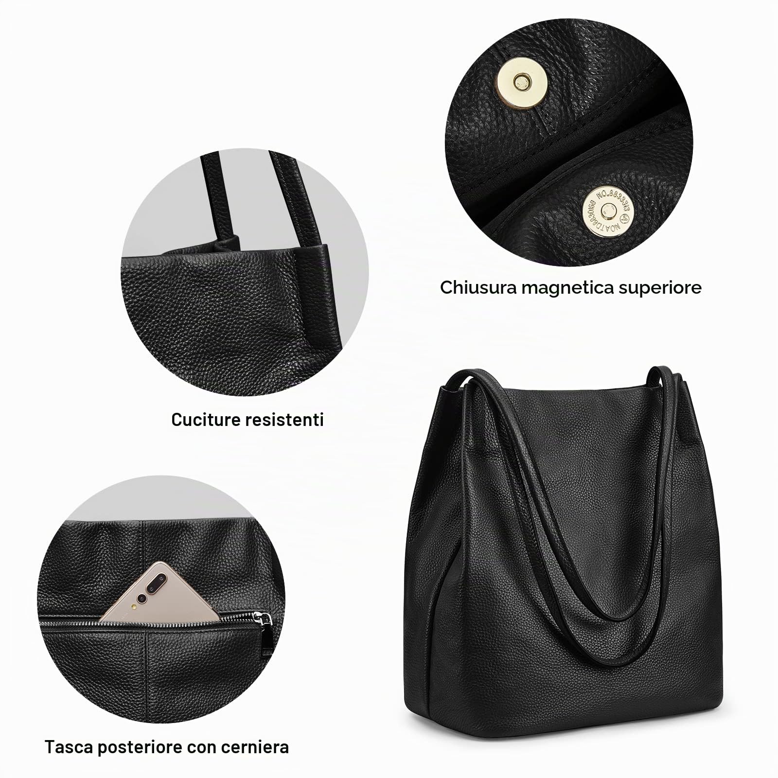 Kattee Borsa a tracolla da donna in vera pelle morbida con chiusura magnetica superiore