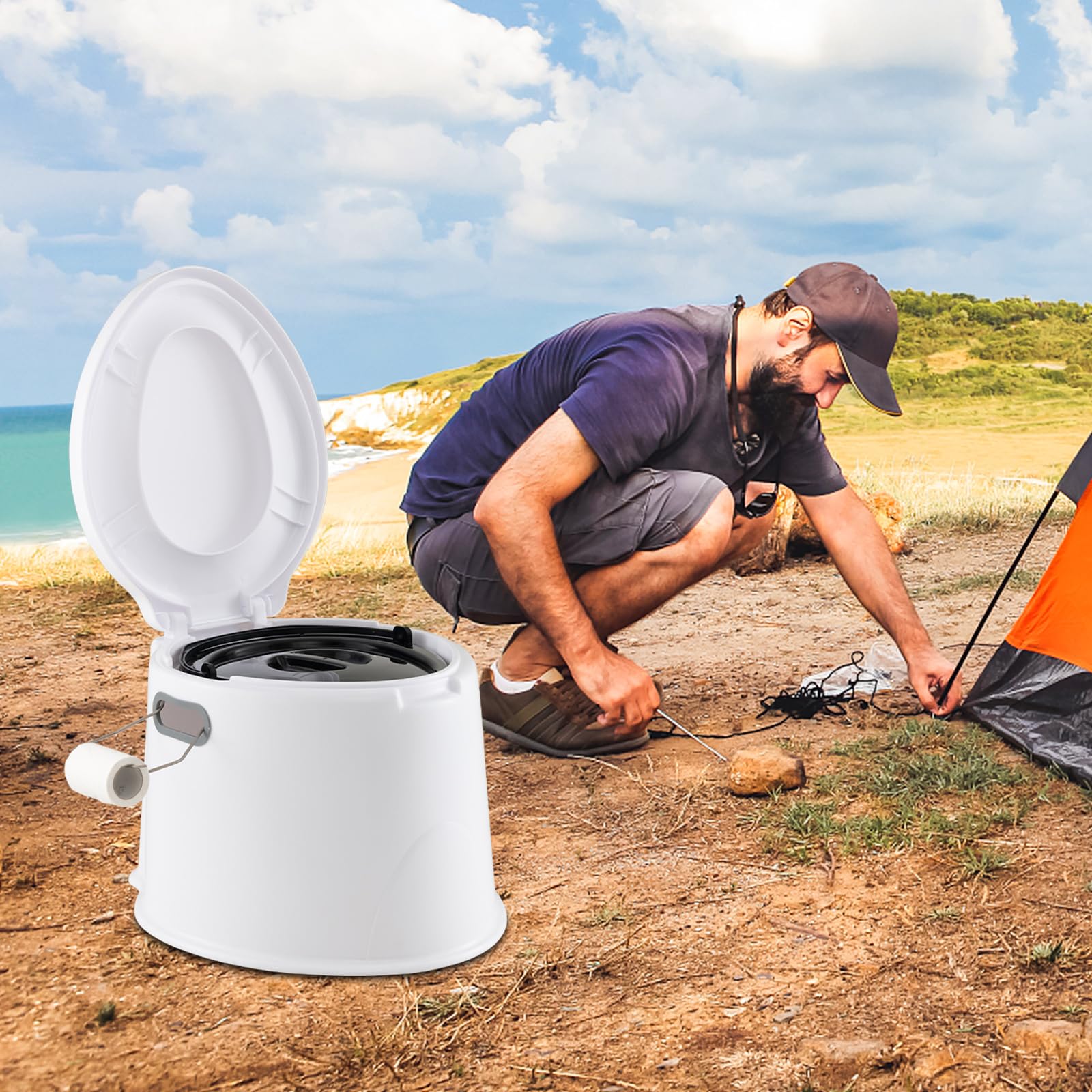 COSTWAY Toilette Portatile WC Chimico, WC da Viaggio Leggero con Secchio Interno Rimovibile,Water Portatile per Adulti e Anziani con Portarotolo, Supporto Carico 200 KG, 41 x 49 x 34 cm (Bianco)