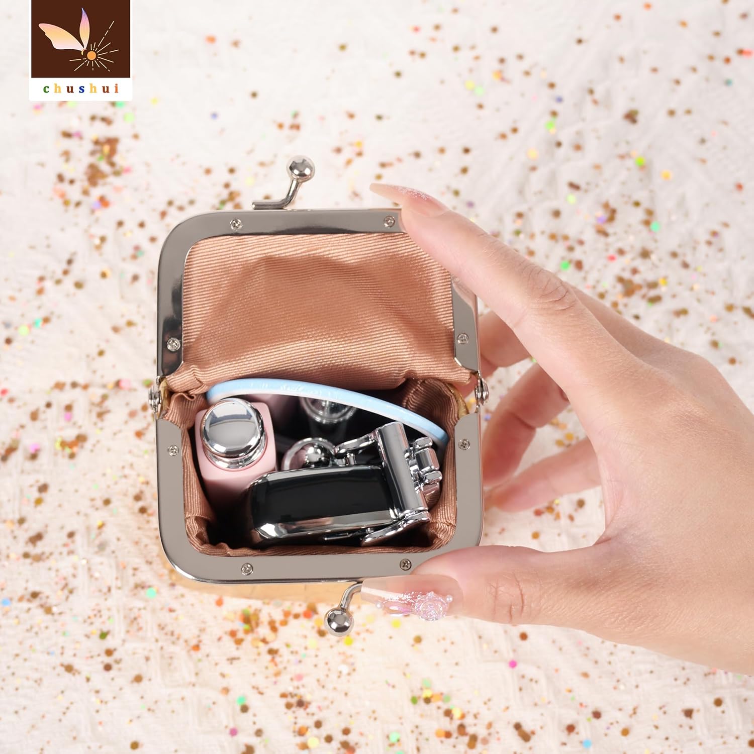 chushui Mini Kiss Lock Crossbody Bag Set, Faux Leather Tiny Coin Purse with Chain, Small Micro Purse for Women