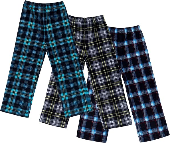 Mad Dog Concepts Boys Pajama Pants - Soft Micro Fleece PJ Bottoms for Kids Printed Plaid Design Boy's Sleepwear Size 6–20 3PK - Black Blue Teal - 14-16