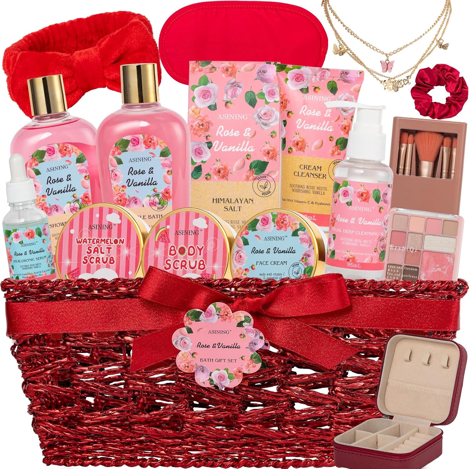 Bath and Body Gift Basket Set Mothers Day, 16 Pcs Luxury Rose & Vanilla Scent Spa Gift Basket Set for Women, Watermelon Body Scrub, Perfect Bath & Body Gift Set, Home Spa Bath Pamper Gifts Teens