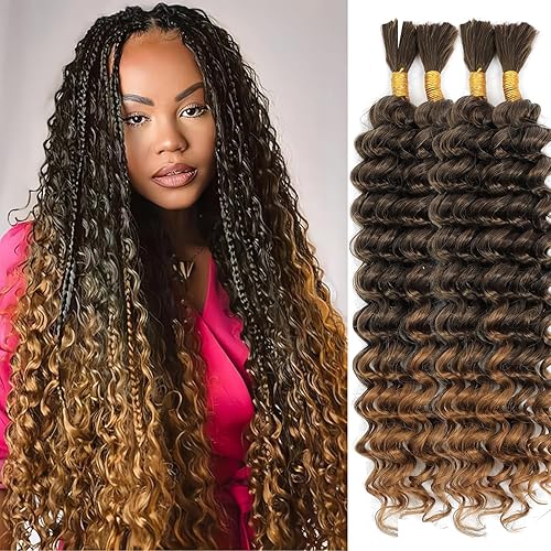 Miniatura 17 de Mezcla de cabello humano trenzado sintético bohemio para trenzar, 24 pulgadas de onda profunda a granel para trenzas bohemias, 2 piezas de cabello