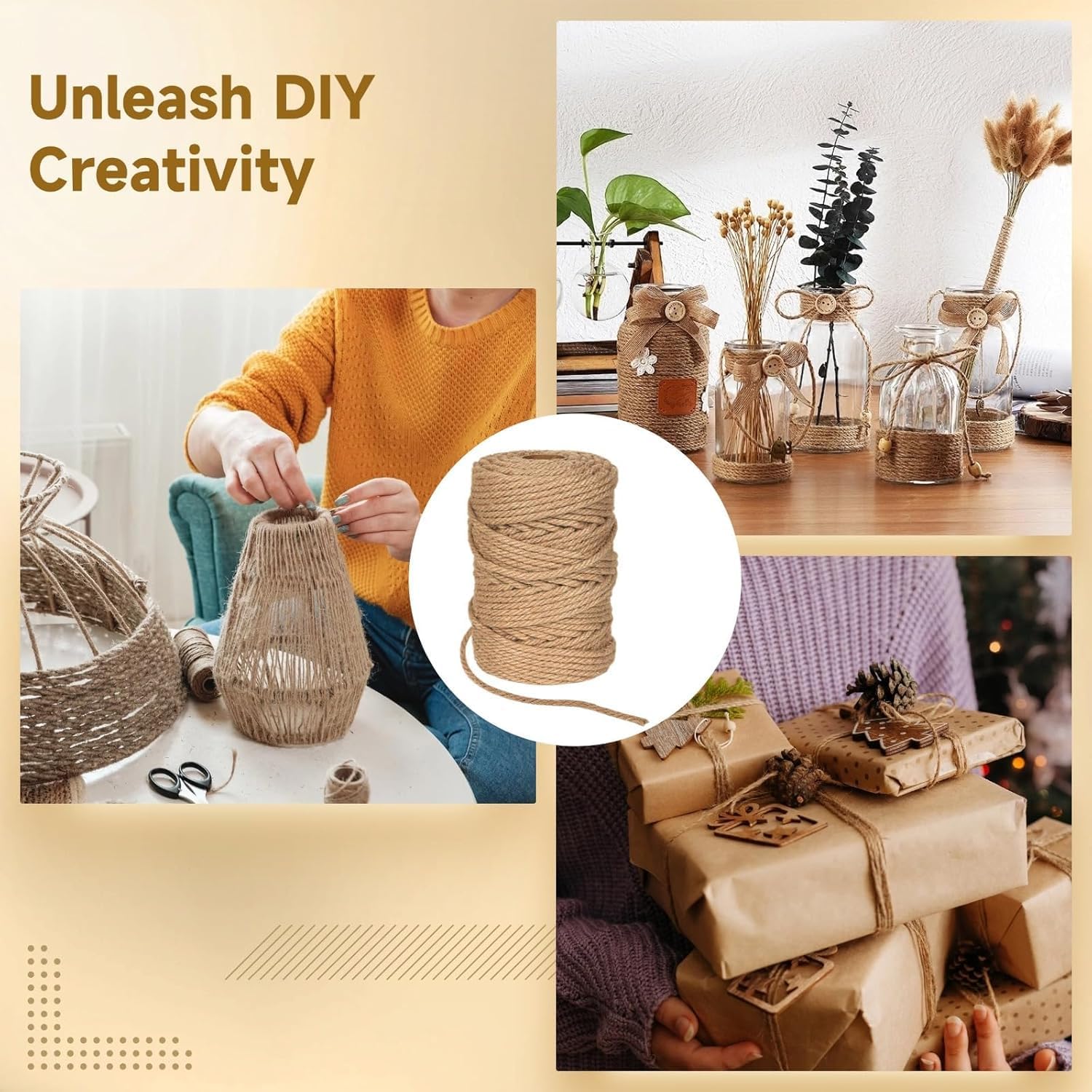 1pc Natural Hemp Twine 4mm Multistrand Braided Rope, Easy-to-Shape Free-Cut Roll for Crafts, Gardening, DIY Decor, Brown, 50meters