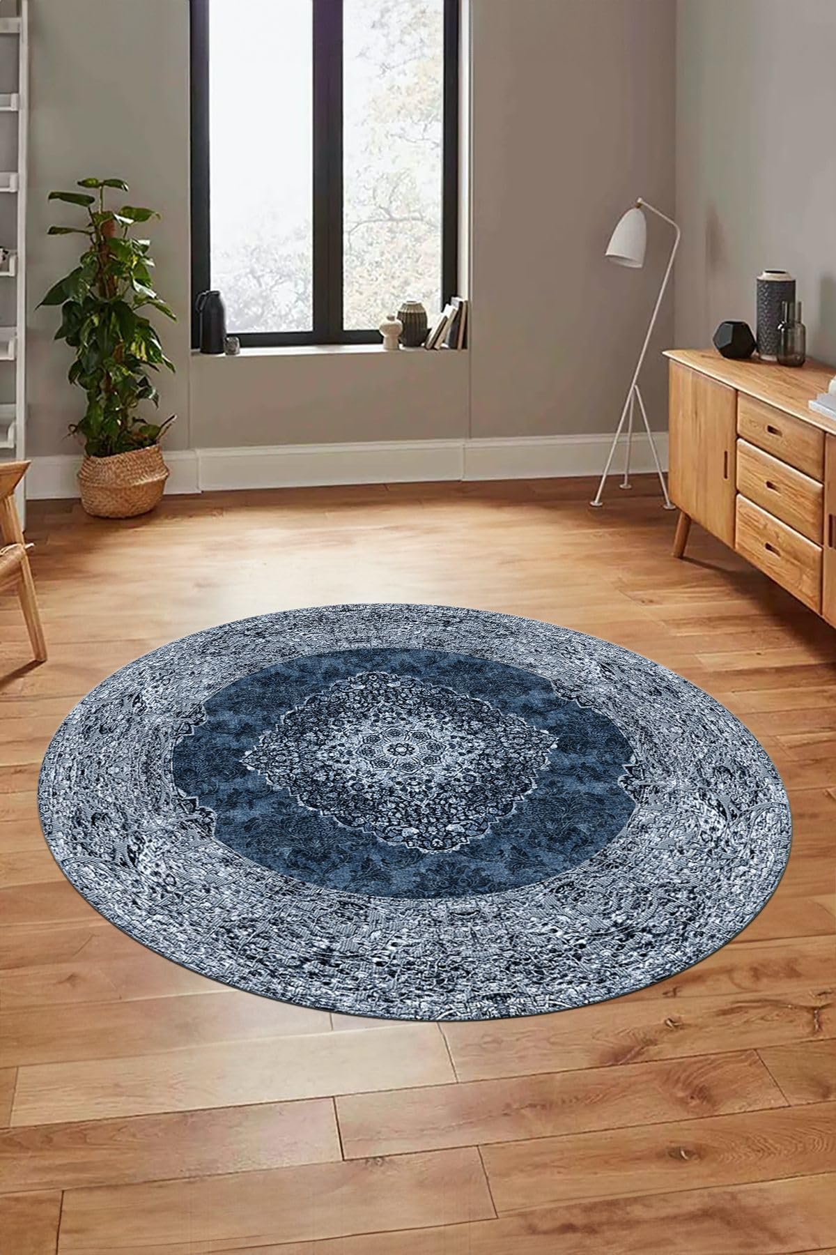 Evdeya Baskılı Kaymaz Yıkanabilir Göbekli Klasik Desen Yuvarlak Salon Halısı Y-KLASİK-07, Mavi, 160 x 160
