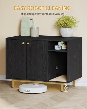 Hzuaneri Cat Litter Box Enclosure, Hidden Litter Box Furniture with Storage | Large Wooden Cabinet with Sisal Mat, Modern Cat Washroom for Living Room, Bedroom, Entryway, Black and Gold CB01504G
