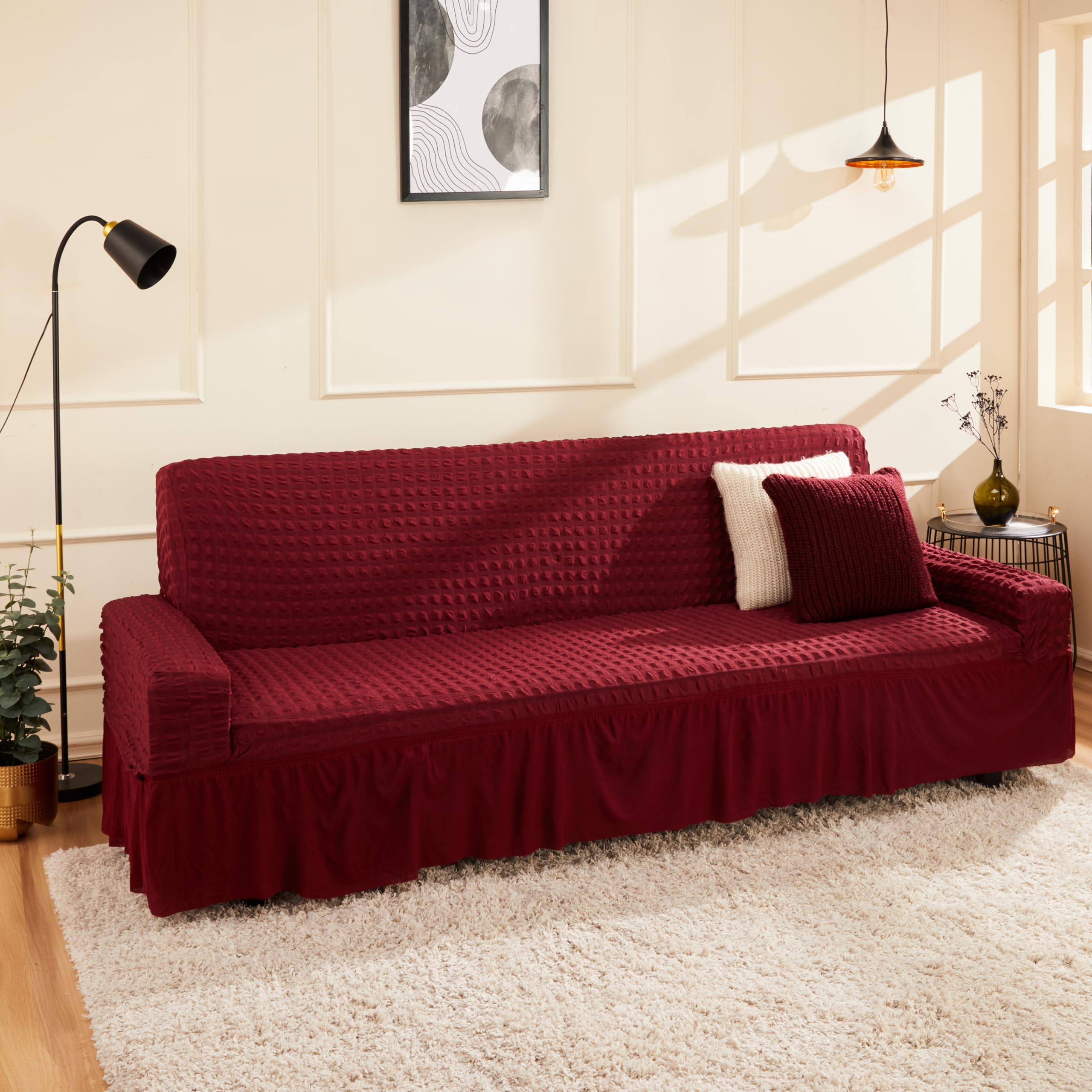 Amazon Brand - Solimo Bubble Sofa Cover with Skirt Polyester and Spandax Fabric Three Seater -Maroon-image-42