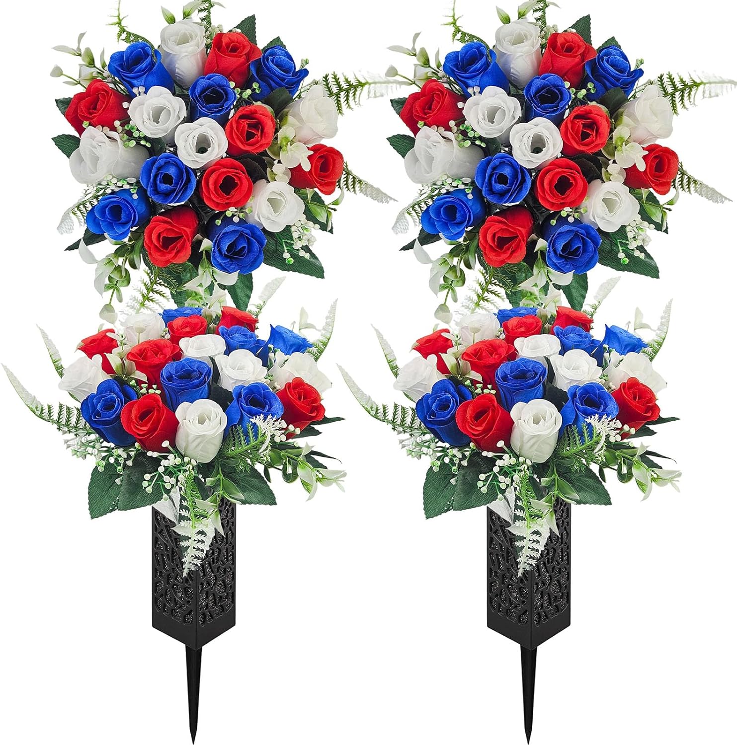 2-Pack Cemetery Flowers for Grave with Spiked Vases, 18-Stem Artificial Red & Blue & White Rose Memorial Flowers, Non-Bleeding Outdoor Gravesite Decorations for Headstones