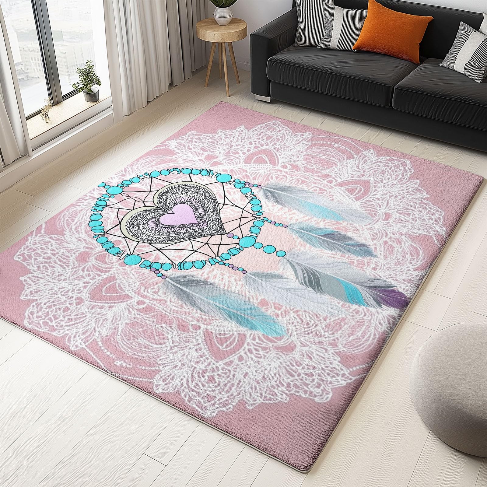 Générique Czeski dywan z krótkim włosiem kwiaty do domu biura 80 x 150 cm - łapacz snów do salonu dekoracja sypialni chłopiec dziewczyna, antypoślizgowy i nadający się do prania różowy dywan