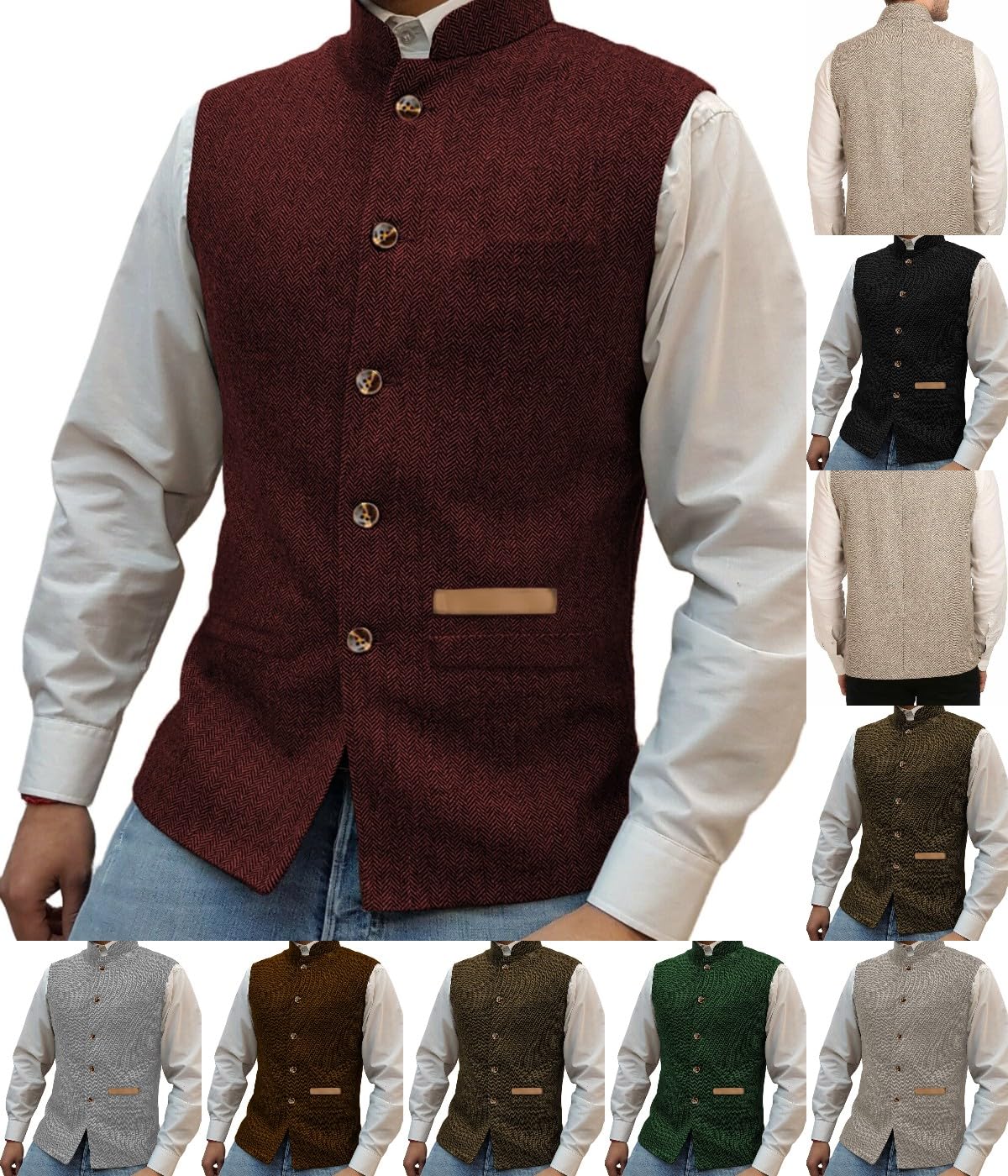 Gilet à col montant pour homme - En tweed - À chevrons - Rétro - Doublure en laine - Pour mariage et chasse