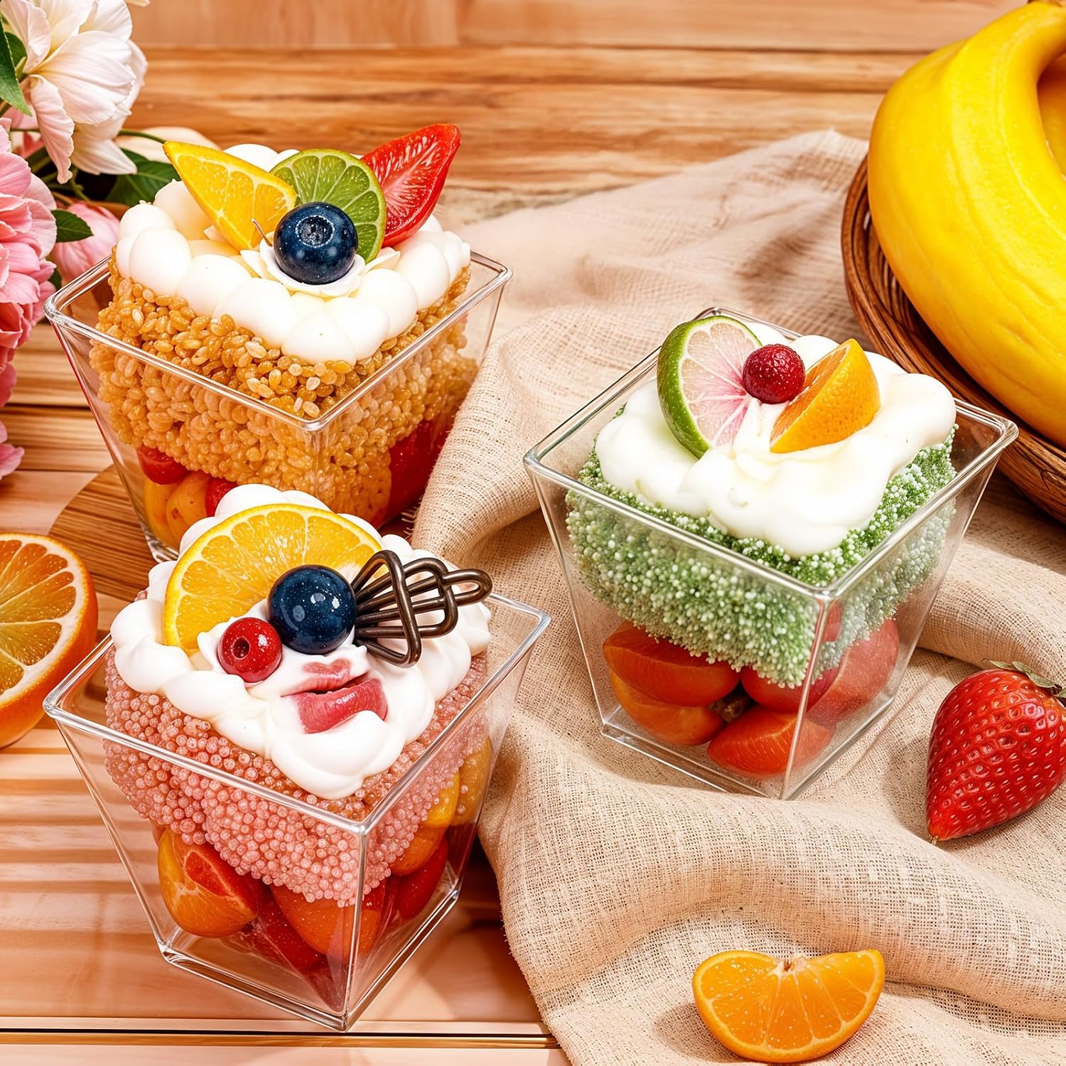 50 Pack 2 oz Square Dessert Cups with Spoons, Clear Dessert Shooter Cup Mini Serving Appetizer Cups for Yogurt, Parfait, Pudding and Jello, Serving Bowls for Tasting Party Samples